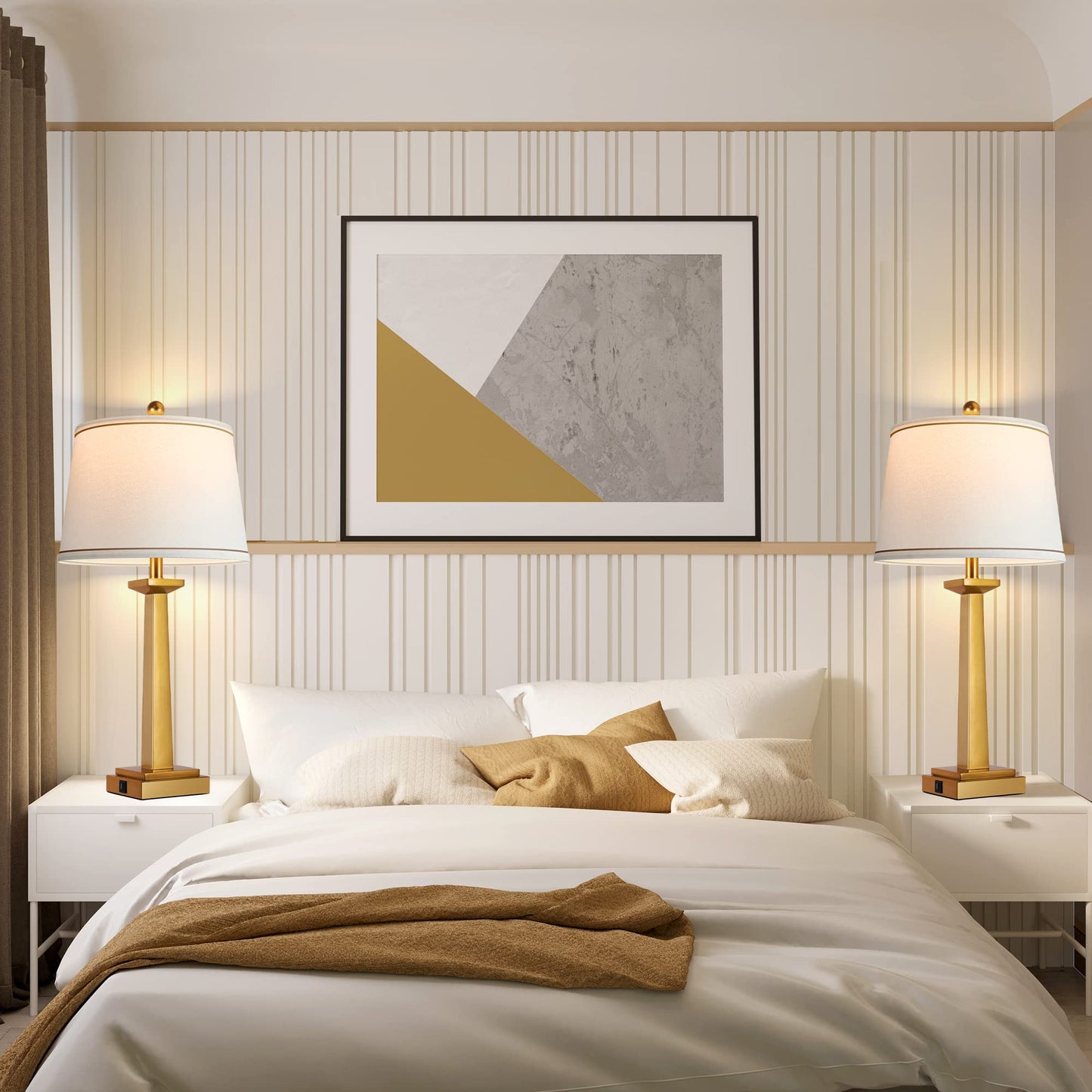 ROTTOGOON 29" Gold Table Lamps for Living Room Set of 2, 3-Color Temperature Nightstand Modern Lamps with Dual USB Charging Ports, Resin Brass Tall Lamp for Bedrooms (LED Bulbs Included)