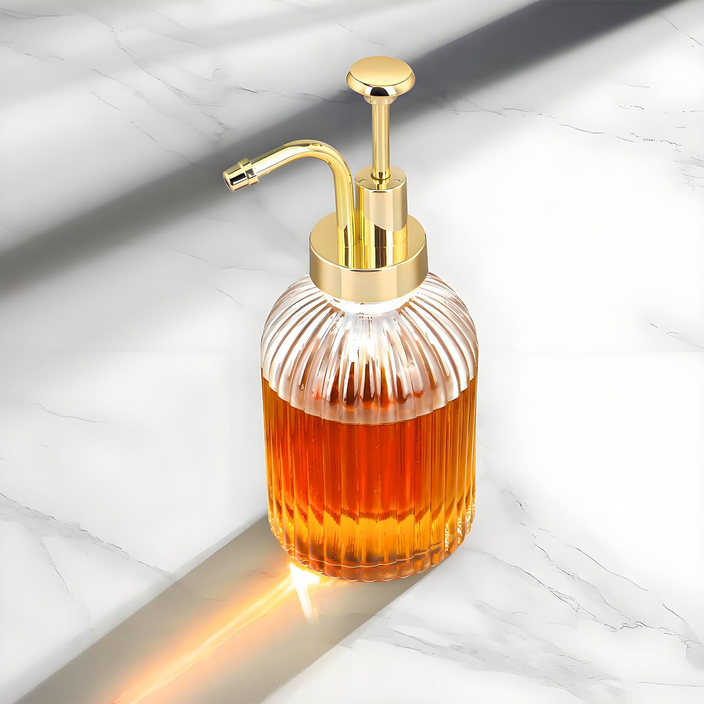 TIWPAJS Glass Coffee Syrup Dispenser 10oz, Syrup Bottles with Ribbed Design, Gold Syrup Pump, Coffee Bar Accessories, Honey Dispenser