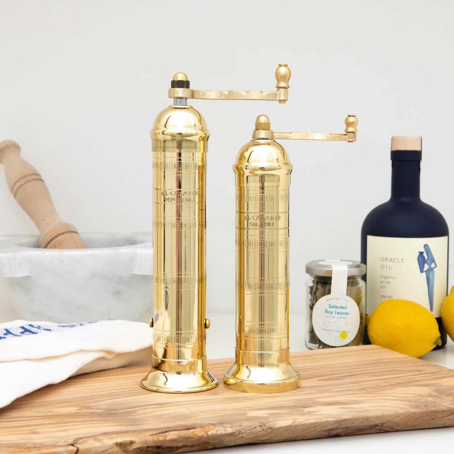 Alexander Home The Original Greek Pepper Mill 9 Inch Tall | European Pepper Mill Grinder with Crank Handle | Manual Pepper Grinder | Peppercorns Refillable - Brass