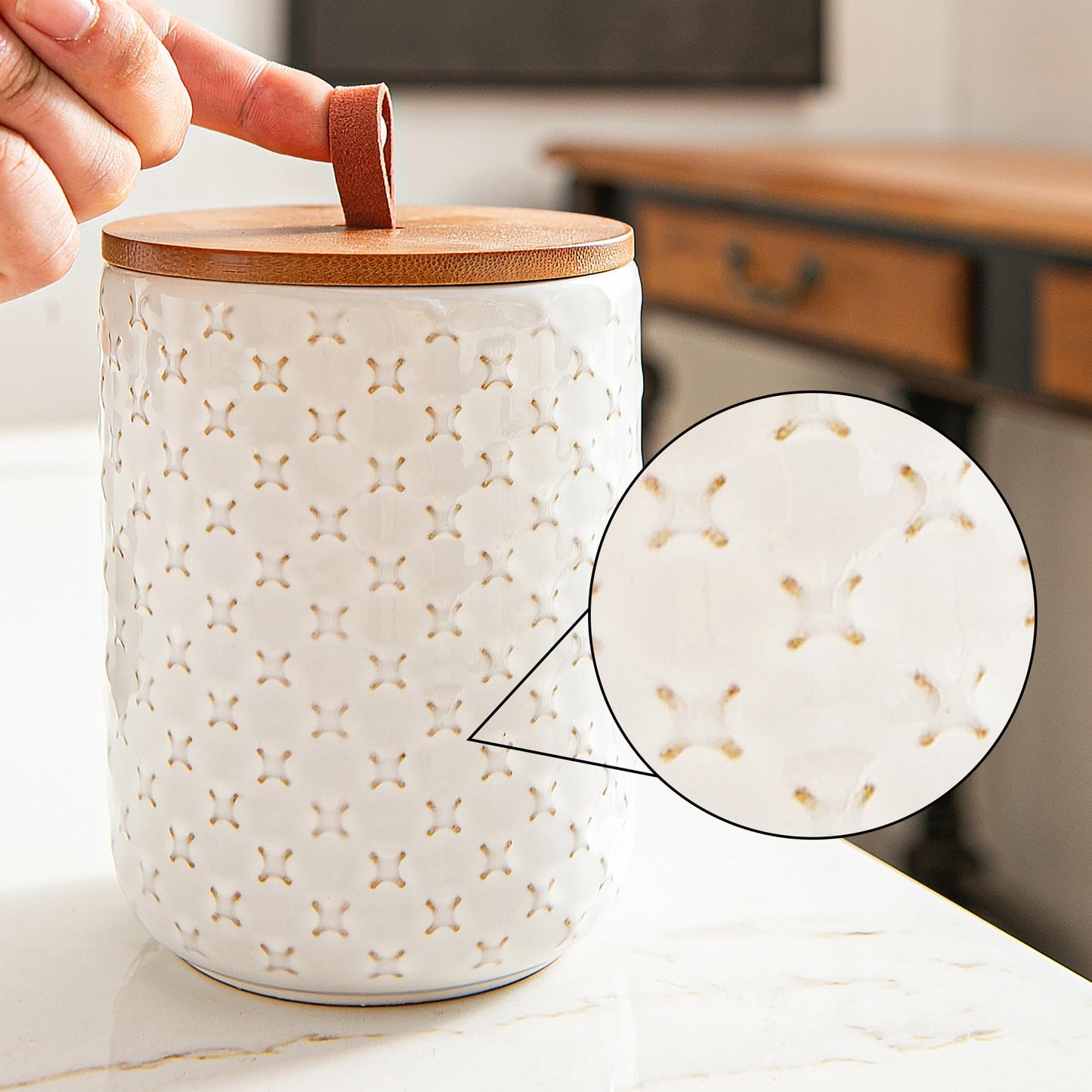 JOJUNO White Ceramic Canister Set with Wooden Lids – 3-Piece Airtight Food Storage Jars for Kitchen, Embossed Design, Small/Medium/Large Sizes (12/30/48 oz) – Flour, Sugar, Coffee, Tea Containers