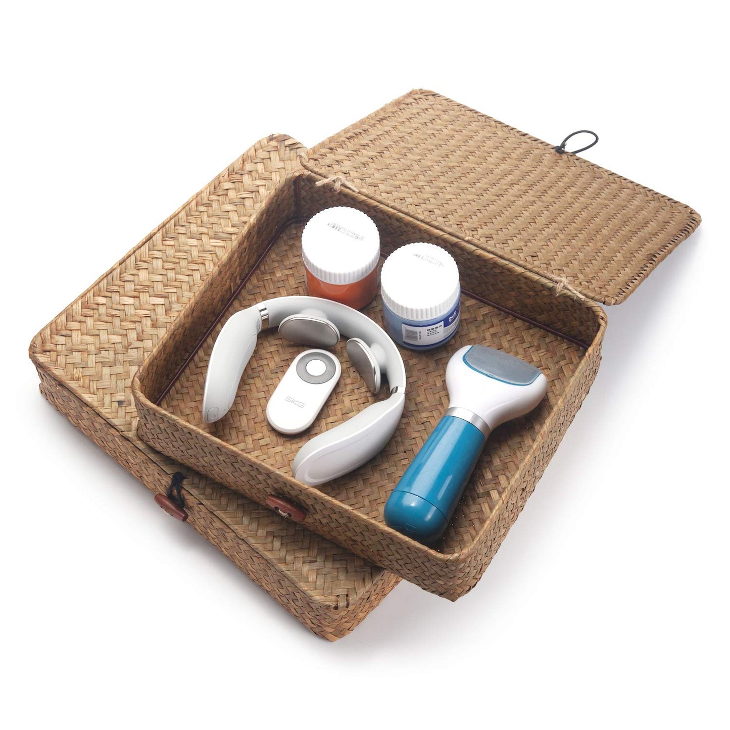 Seagrass Storage Basket Box with Lid Rectangular Woven Shelf Baskets Bins for Organize Snack Toys Set of 2 Natural Decorative(Large+Small)