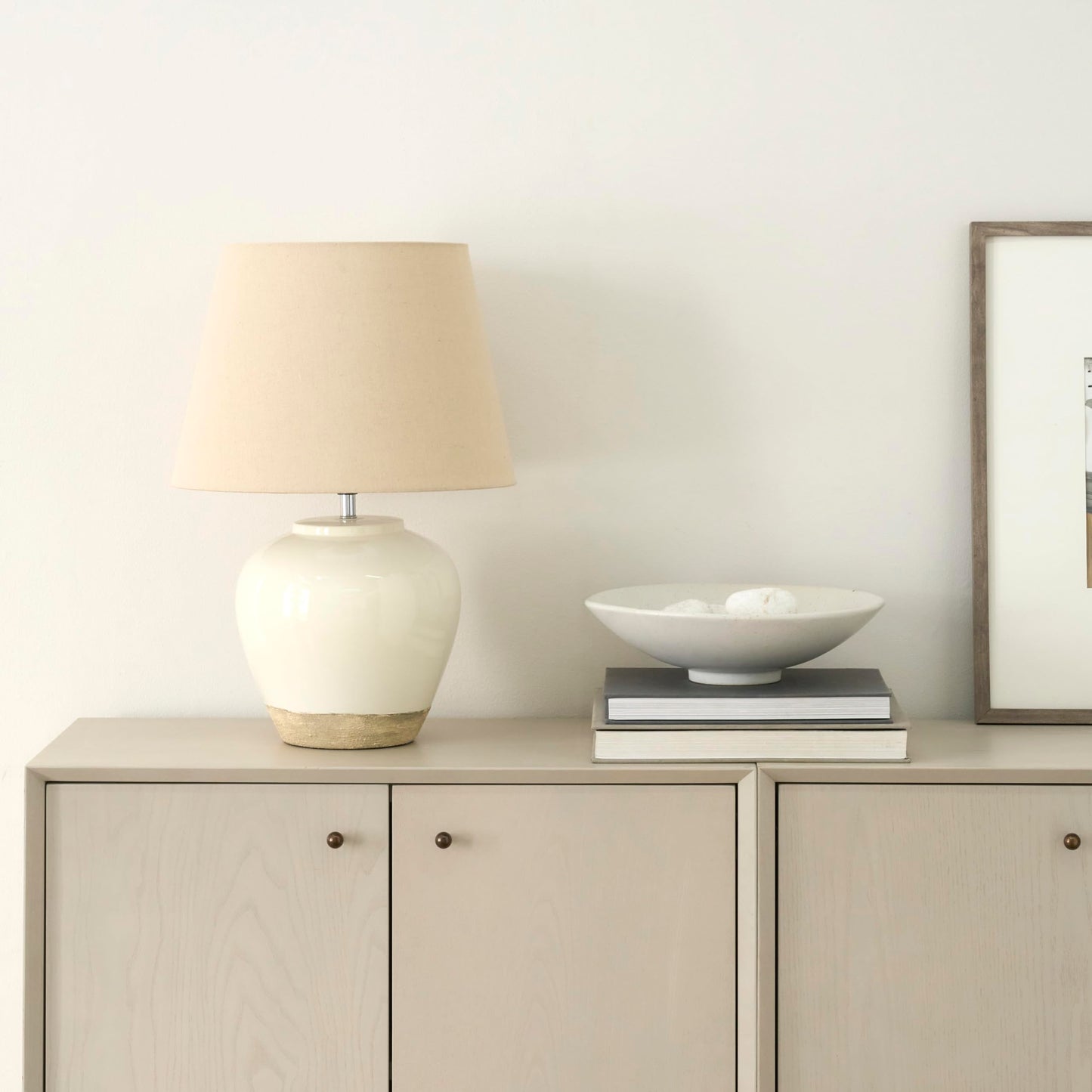 Nourison Home 20" White/Sand Farmhouse Ceramic Pot Table Lamp for Bedroom, Living Room, Console, Entryway