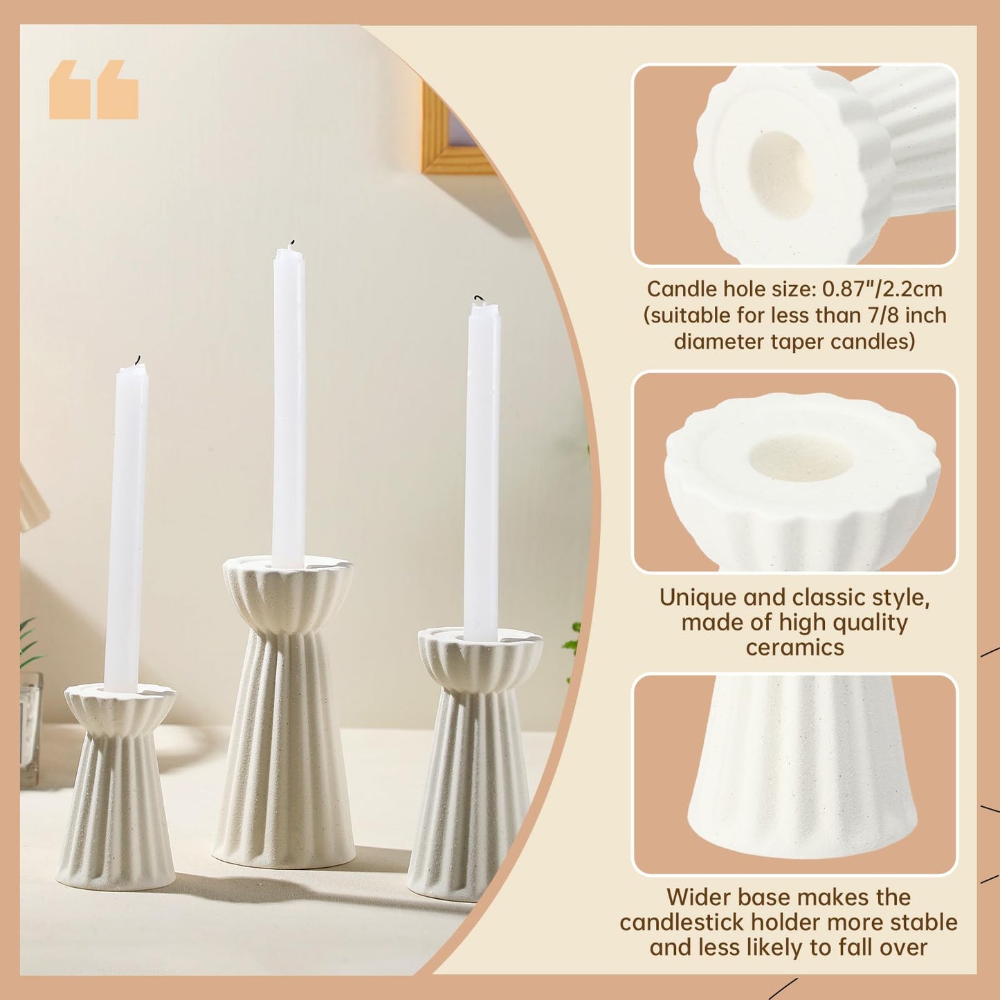 Honeydak Set of 3 Ceramic Taper Candle Holders Fluted Candlestick Holder Beige Candle Stick Stand Nordic Decorative for Wedding Decor Home Dinner Party Boho Desktop Table Centerpiece Housewarming Gift