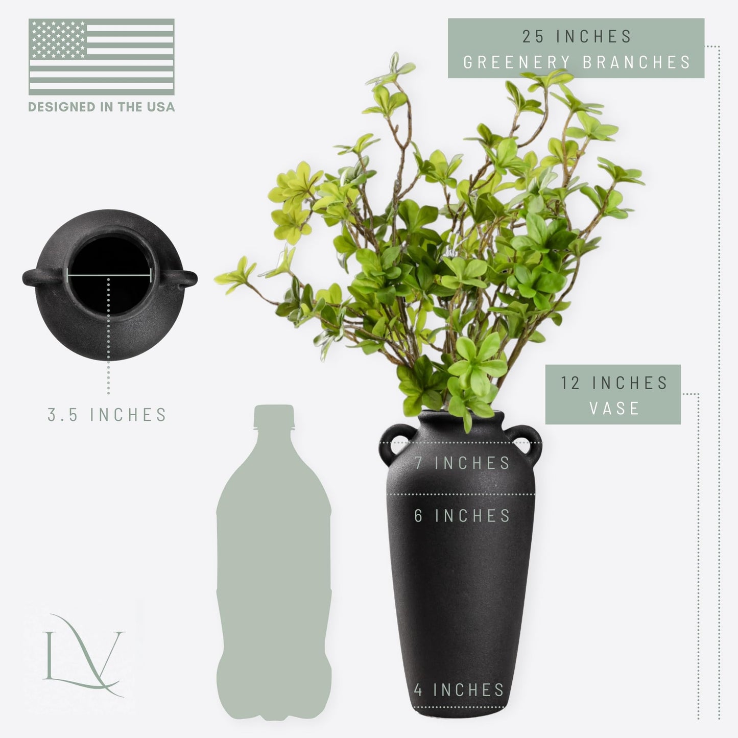 12 Inch Tall Black Ceramic Vase, with 5 Branches of 25 Inch Faux Artificial Vibrant Greenery Stems Set, Textured Minimalist Jug, Fake Stem Plants, Decorative Farmhouse, Console Table Centerpiece Decor