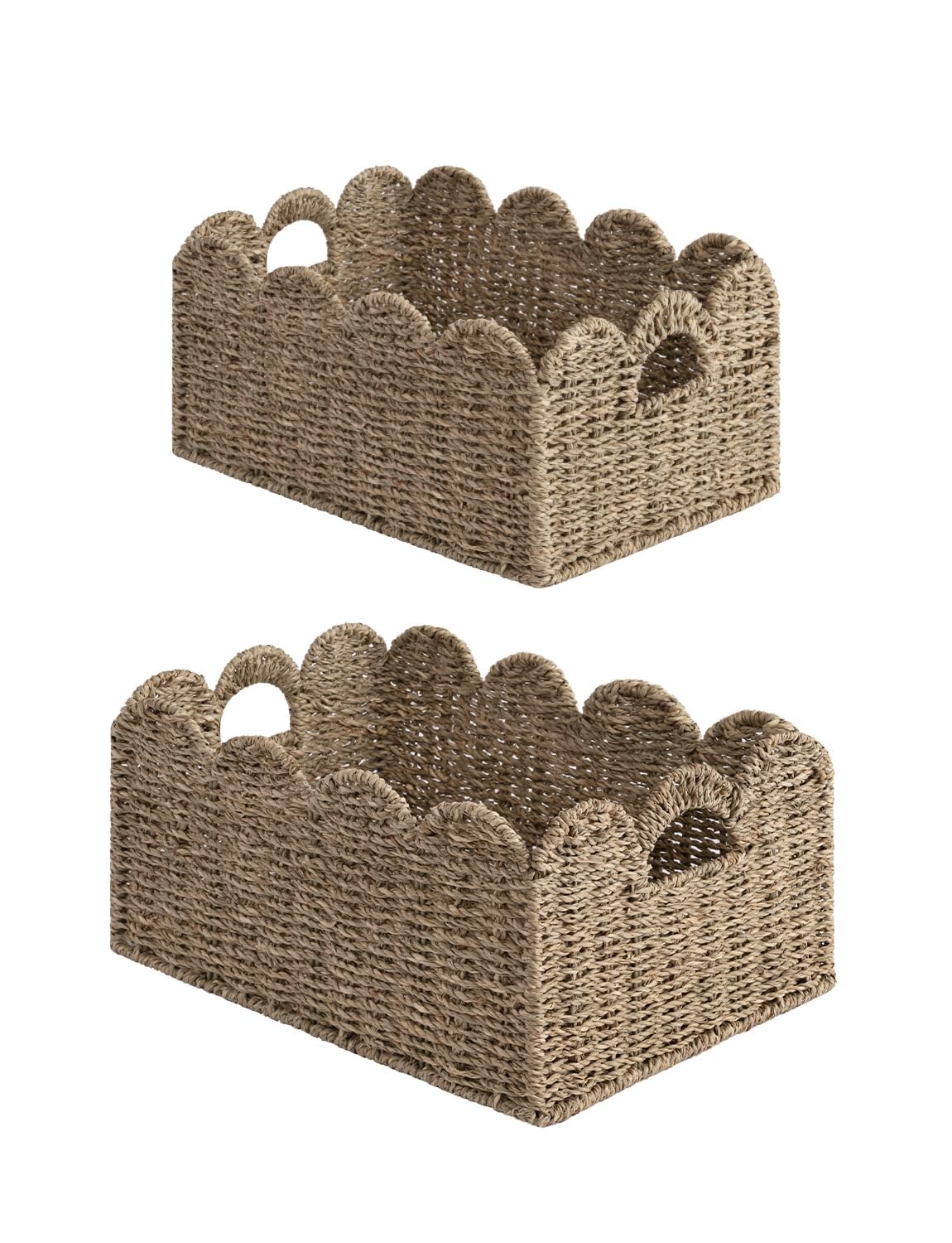StorageWorks Scalloped Edge Wicker Basket, Hand-woven Rattan Baskets with Built-in Handles, Seagrass Basket for Organizing and Decor, 2 Pack