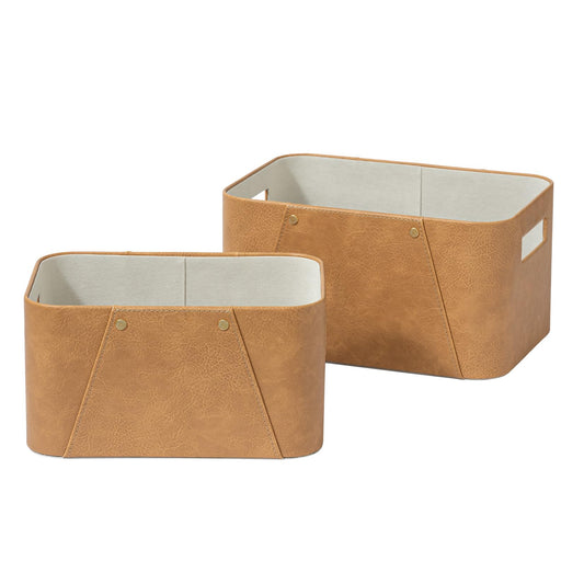 LA JOLIE MUSE Storage Baskets for Organizing, 2 Pack, Storage Cube Boxes Luxury Brown Vegan Leather for Closet Shelf Cabinet Bookcase Camel