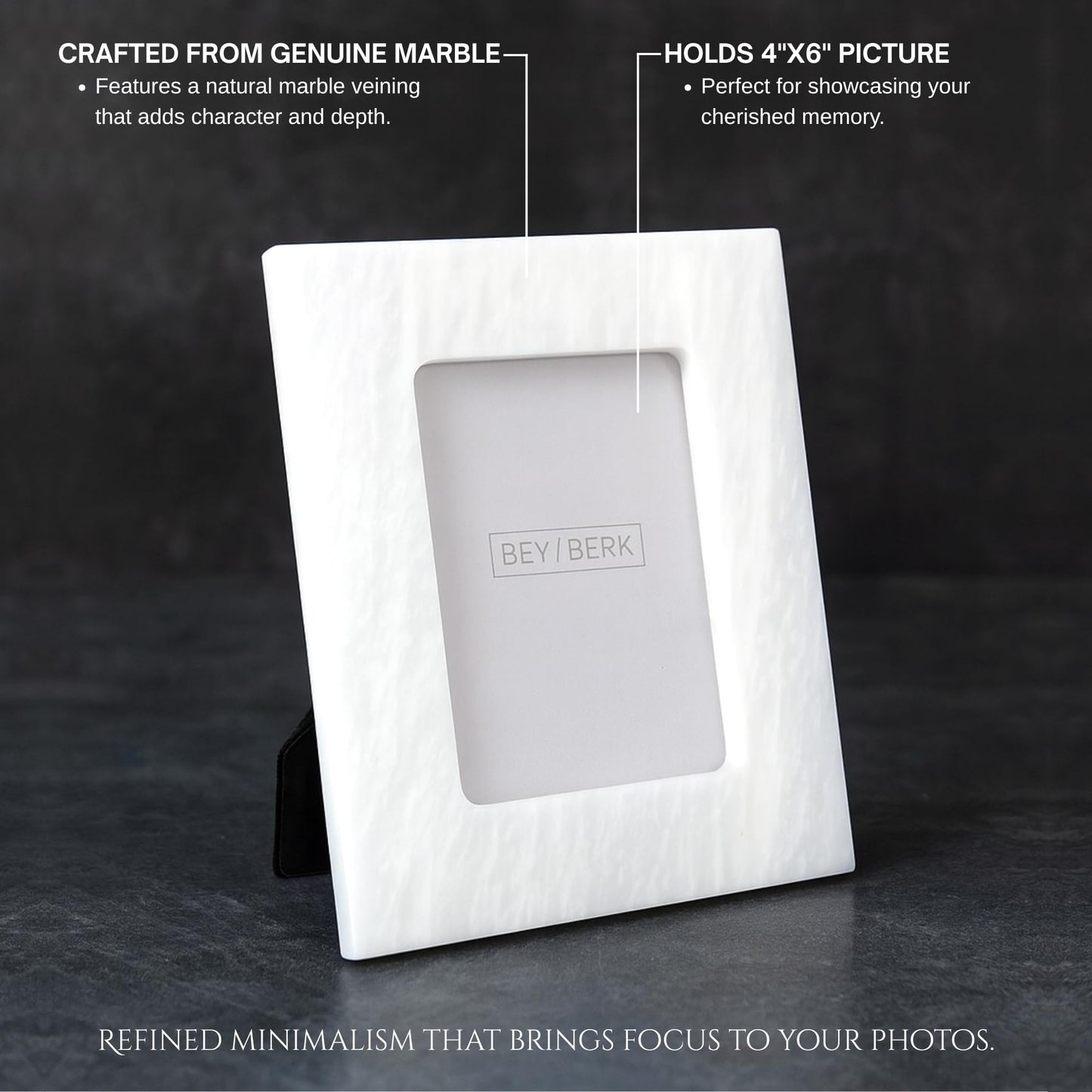 Bey-Berk White Marble Photo Frame 4" x 6" – Decorative Picture Holder for Tabletop, Desk, Shelf & Home Decor Display