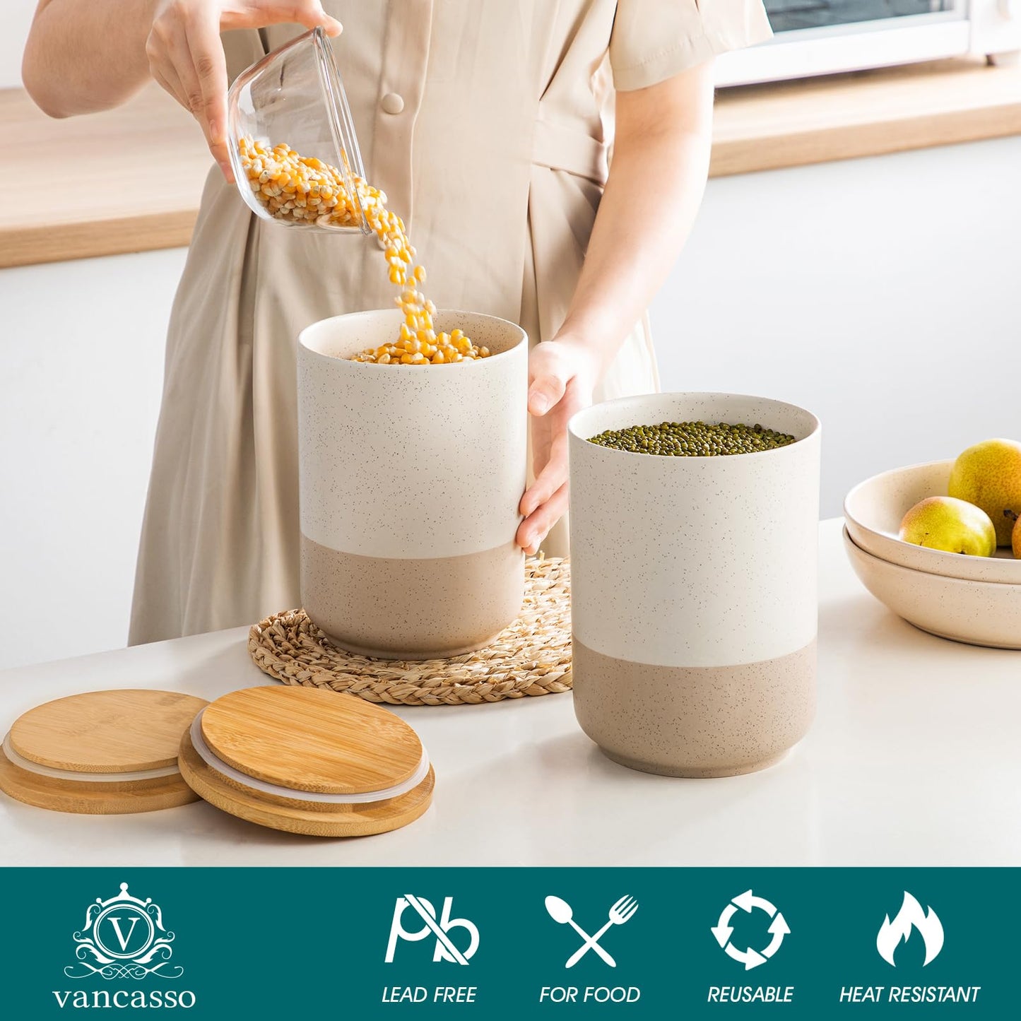 vancasso Sabine Large Ceramic Canister Set with Airtight Wood Lids - 2-Piece Kitchen Food Storage Jars for Flour, Sugar, Coffee & Tea (74 oz Each) - Big Capacity Countertop Jars