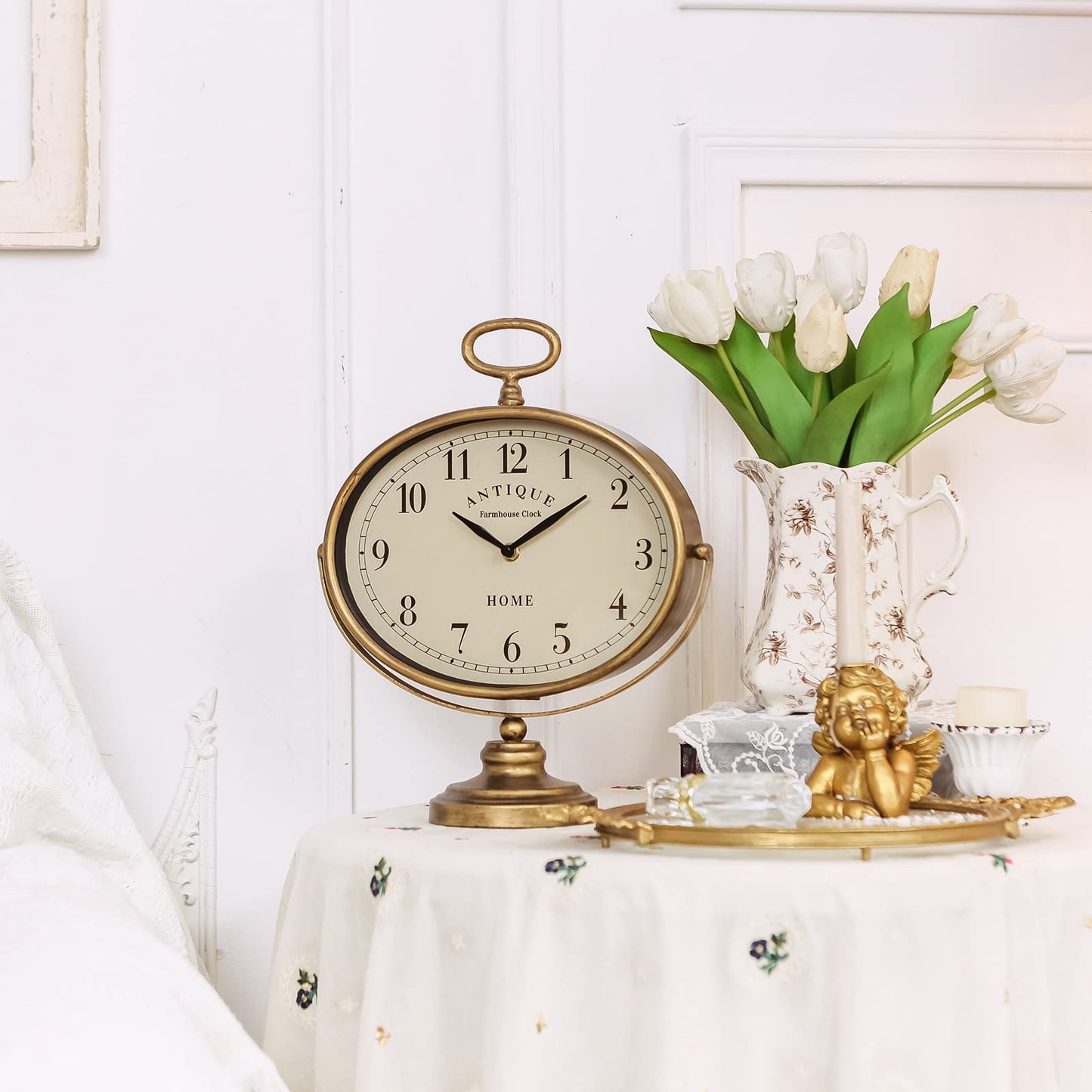 NIKKY HOME Antique Table Clock, Gold Retro Desk Clock with Silent-Non-Ticking Battery Operated Rustic Desk Clock for Living Room, Tabletop, Countertop