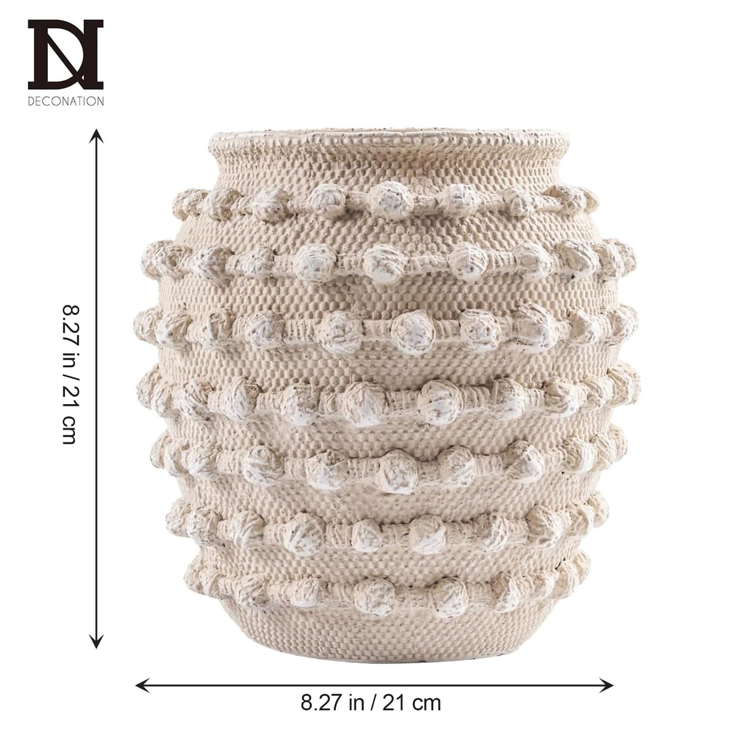 DN DECONATION Beige Rustic Farmhouse Vase, 8.2 Inch Textured Boho Vase for Home Decor, Cement Decorative Flower Vases with Rope Knots for Living Room, Table Centerpiece, Shelf, Mantel Decoration