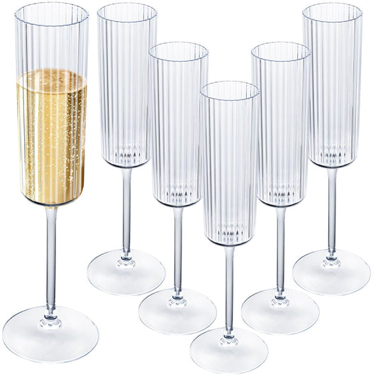 Ciaell 24 Pack Plastic Champagne Flutes - 6oz Ribbed Disposable Champagne Glasses - Clear Vintage Mimosa Glasses with Long Stem, Elegant & Lightweight for Weddings, Birthdays, Parties