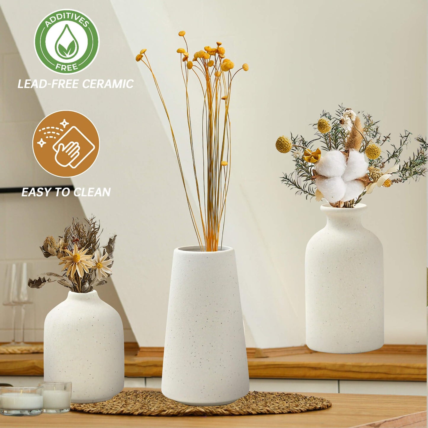 LOJAYUVE Beige Ceramic Vases Set of 3 for Pampas Grass & Dried Flowers, Creative Modern Boho Farmhouse Décor, Small Ceramic Vase for Shelf, Desk, Bookshelf and Entryway