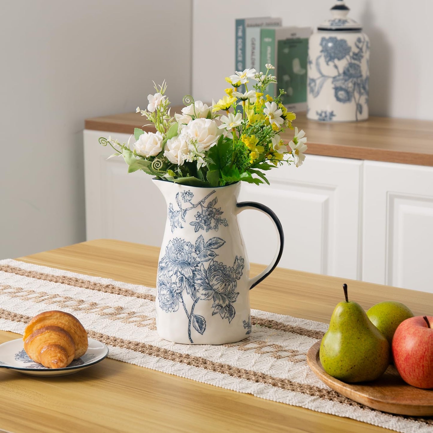 Magclay Ceramic Pitcher Vase, Blue and White Jug for Home Decor, Chinoiserie Vase Decor, Decorative Pitcher with Handle