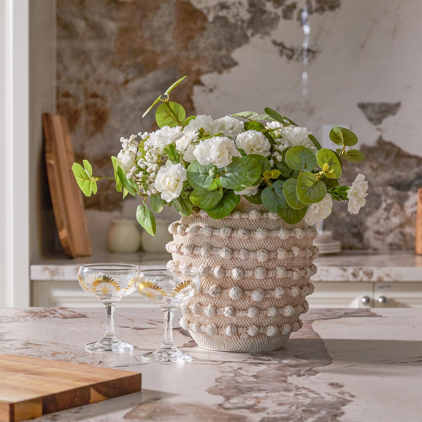 DN DECONATION Beige Rustic Farmhouse Vase, 8.2 Inch Textured Boho Vase for Home Decor, Cement Decorative Flower Vases with Rope Knots for Living Room, Table Centerpiece, Shelf, Mantel Decoration