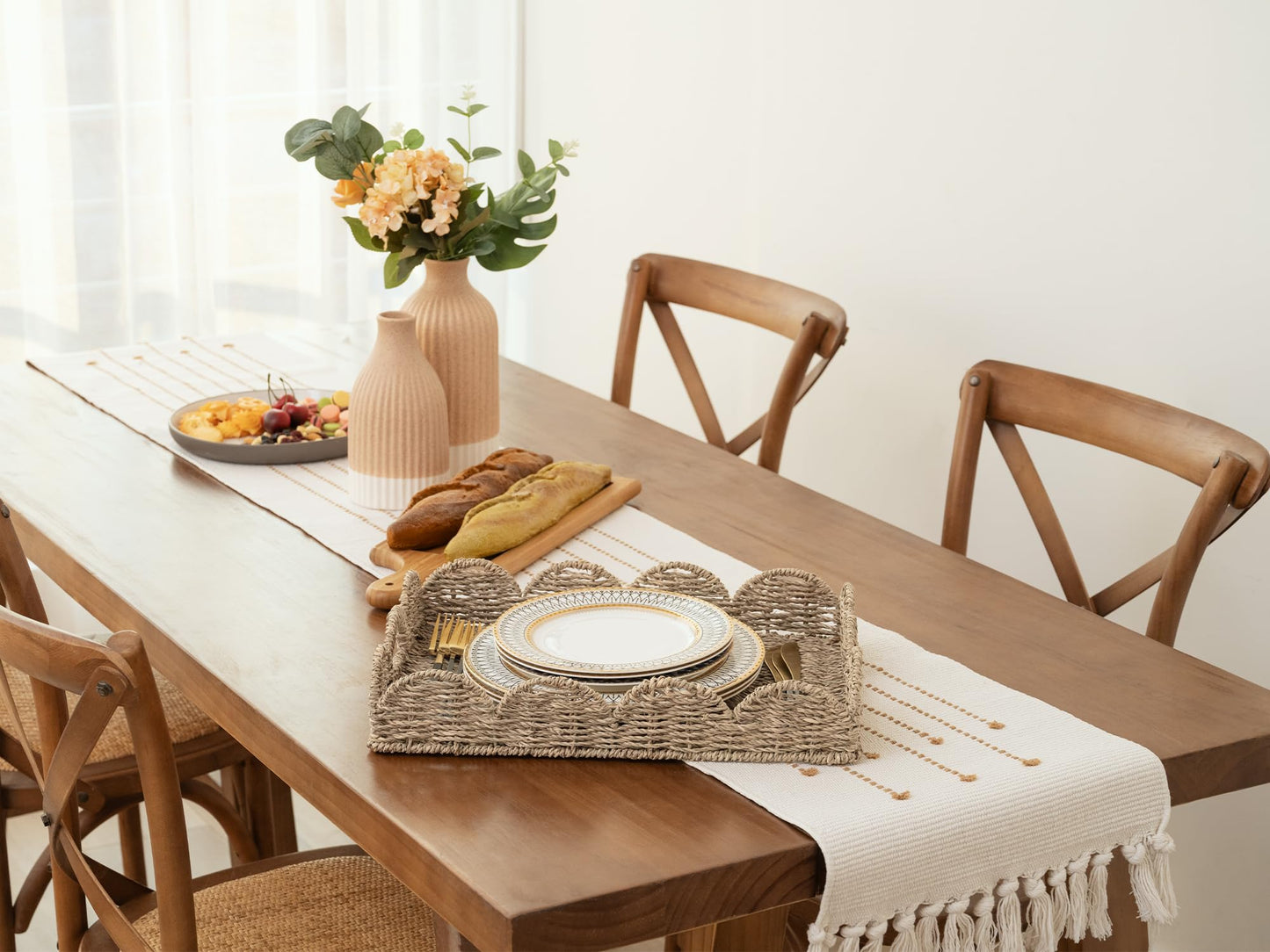 StorageWorks Rectangle Wicker Scalloped Tray, Rattan Serving Trays with Handles, Seagrass Basket for Decorative & Organizing, 15.75" L x 11.5" W x 2.75" H