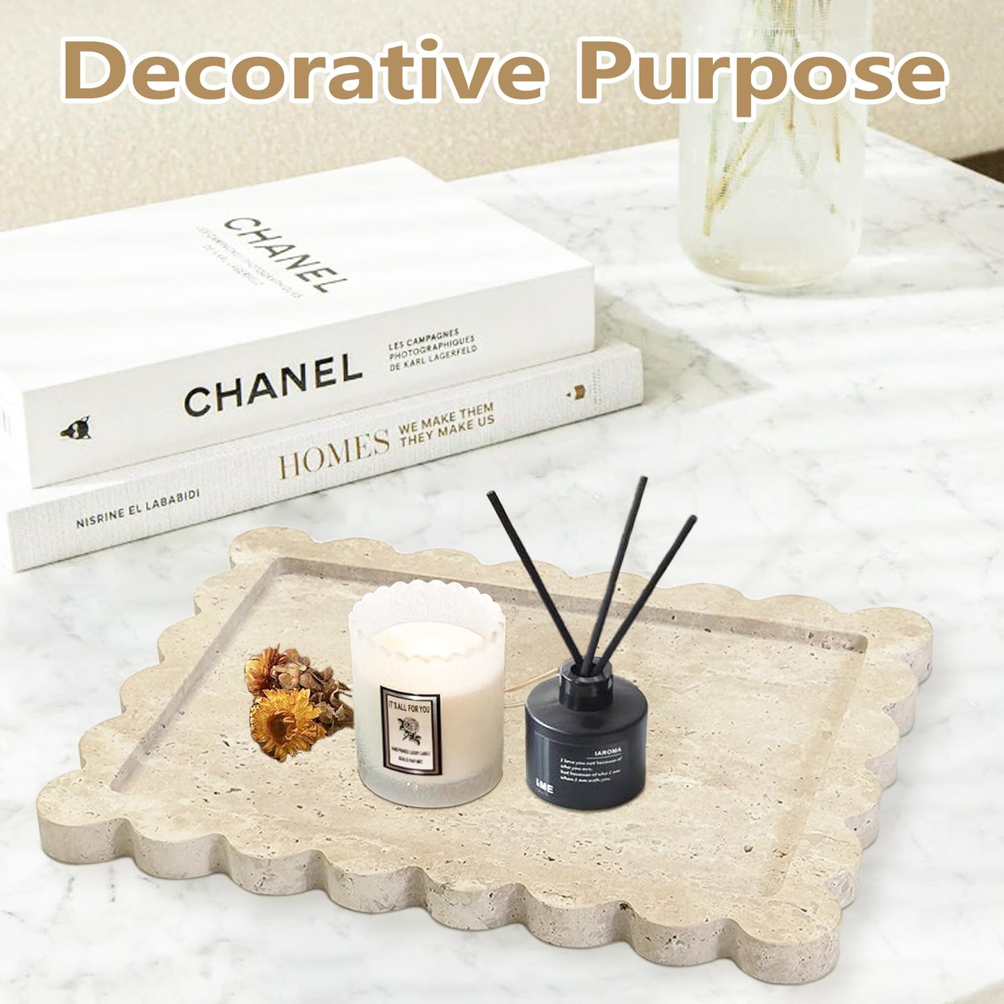 Marble Tray 100% Marble Vanity Trays for Bathroom 12" x 9", Scalloped Tray, Marble Tray for Kitchen Counter, Bathroom (Beige Travertine)