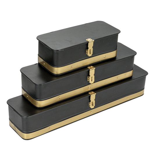 Creative Co-Op Decorative Metal Boxes with Lid, Black with Gold Band, Set of 3