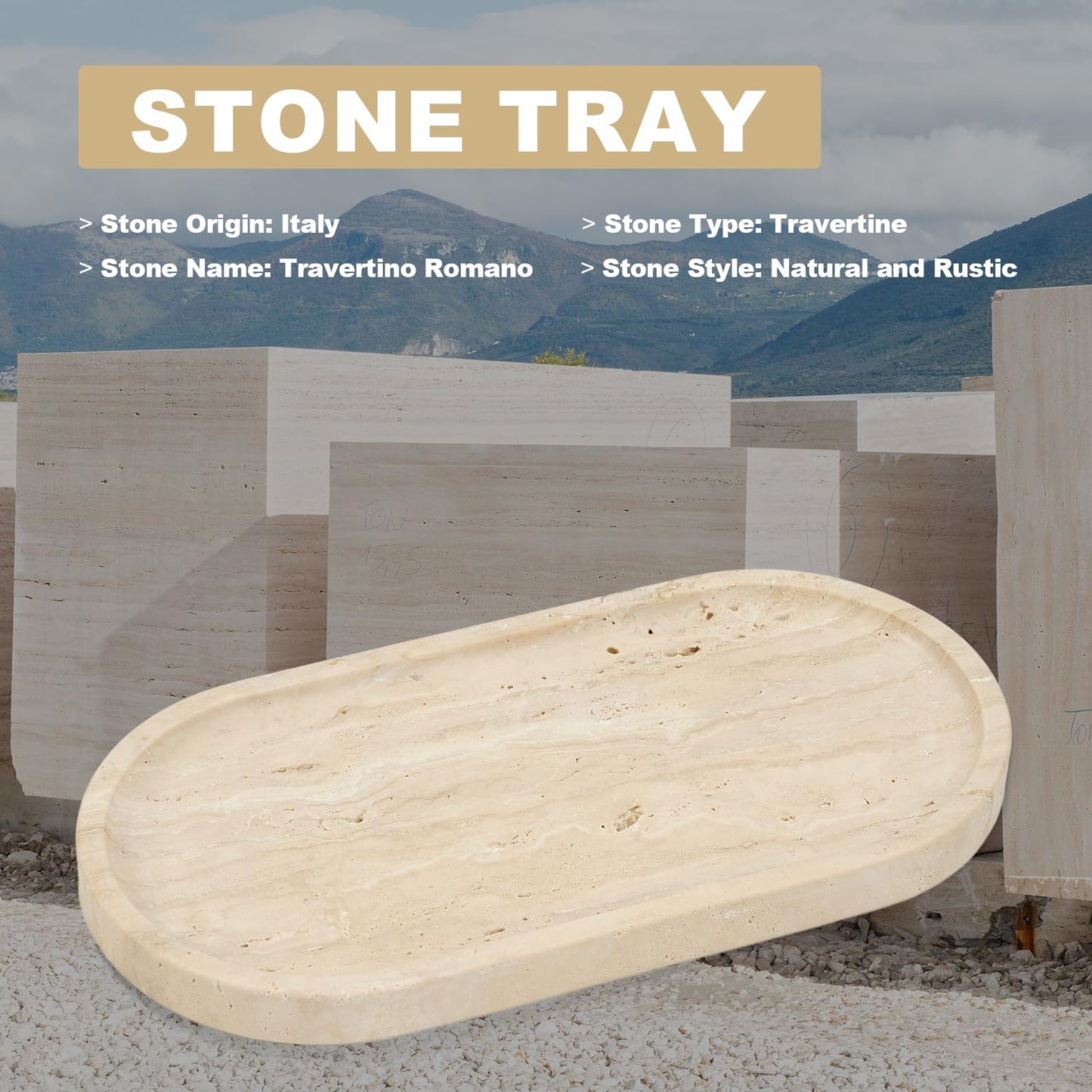 Koville Italian Natural Travertine Vanity Decorative Marble Tray, 12"x6" Light Beige Travertine Wabi Sabi Style Catchall Tray for Perfume, Candles, Jewelry