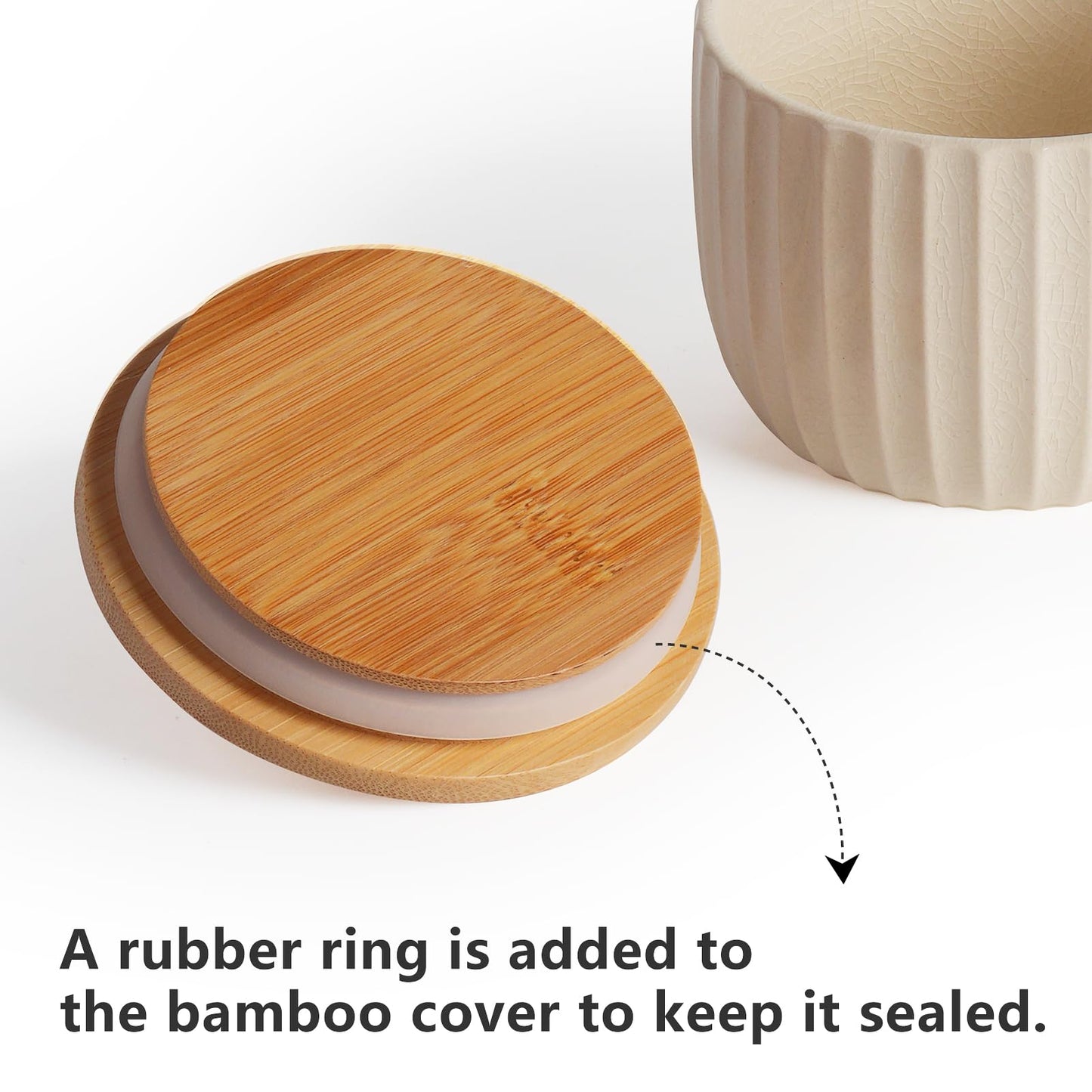 Lunavita Salt Cellar Keeper with Bamboo Lid, 14oz Big Capacity Ceramic Sugar Bowls Pepper Box, Crackle Glaze Seasoning Container Condiment Pot for Kitchen, (Cream Color), 4″×4″