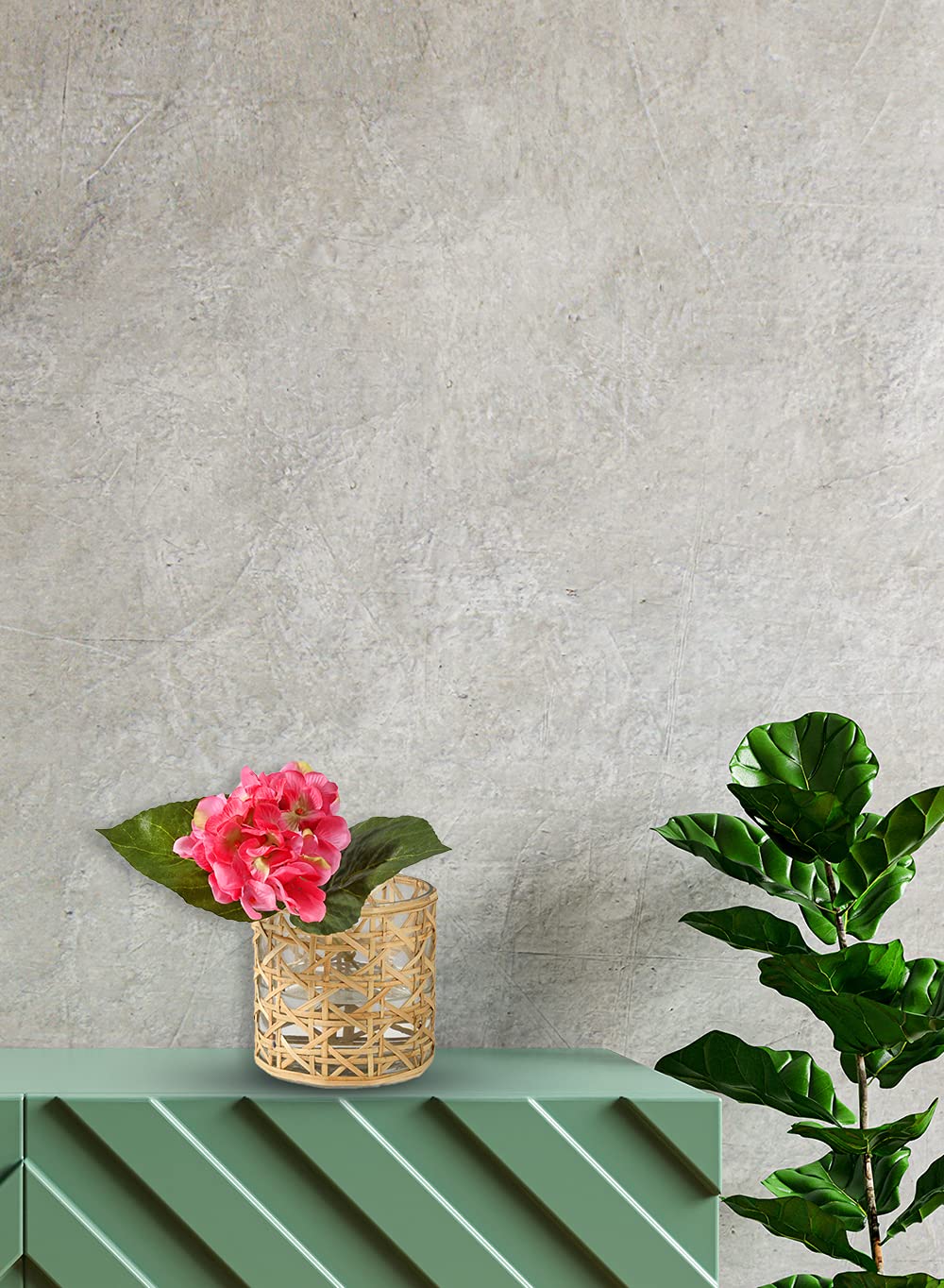 Serene Spaces Living Saigon Cane Wrapped Glass Hurricane Candle Holder, Candle Centerpieces for Tables, Wedding Reception Vases, for Living Room, Fireplace Mantel, Measures 4.75" Tall & 4.5" Diameter