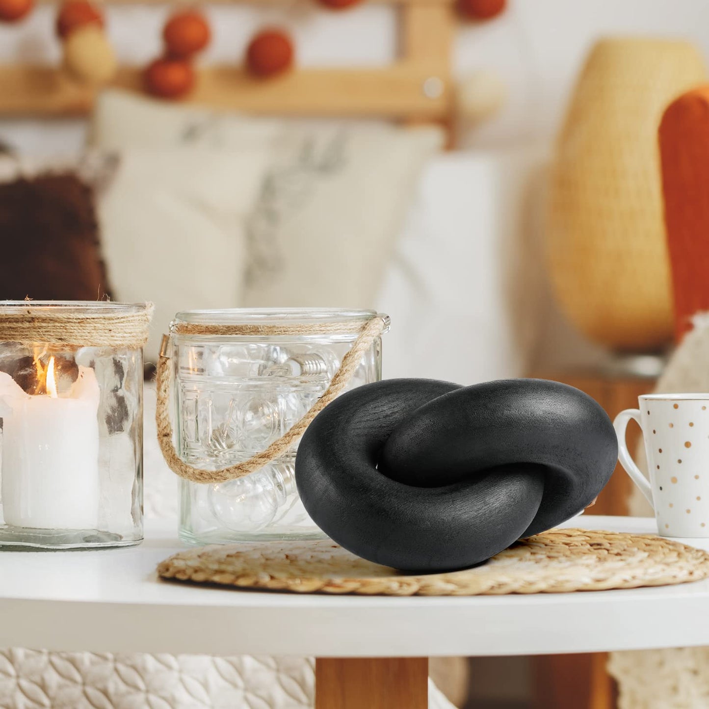 POPRHINO Wood Chain Decor, 2-Link Decorative Chain Hand Carved Boho Wood Knot Decor for Bookshelf Desk Living Room Coffee Table Farmhouse Ornament (Black)