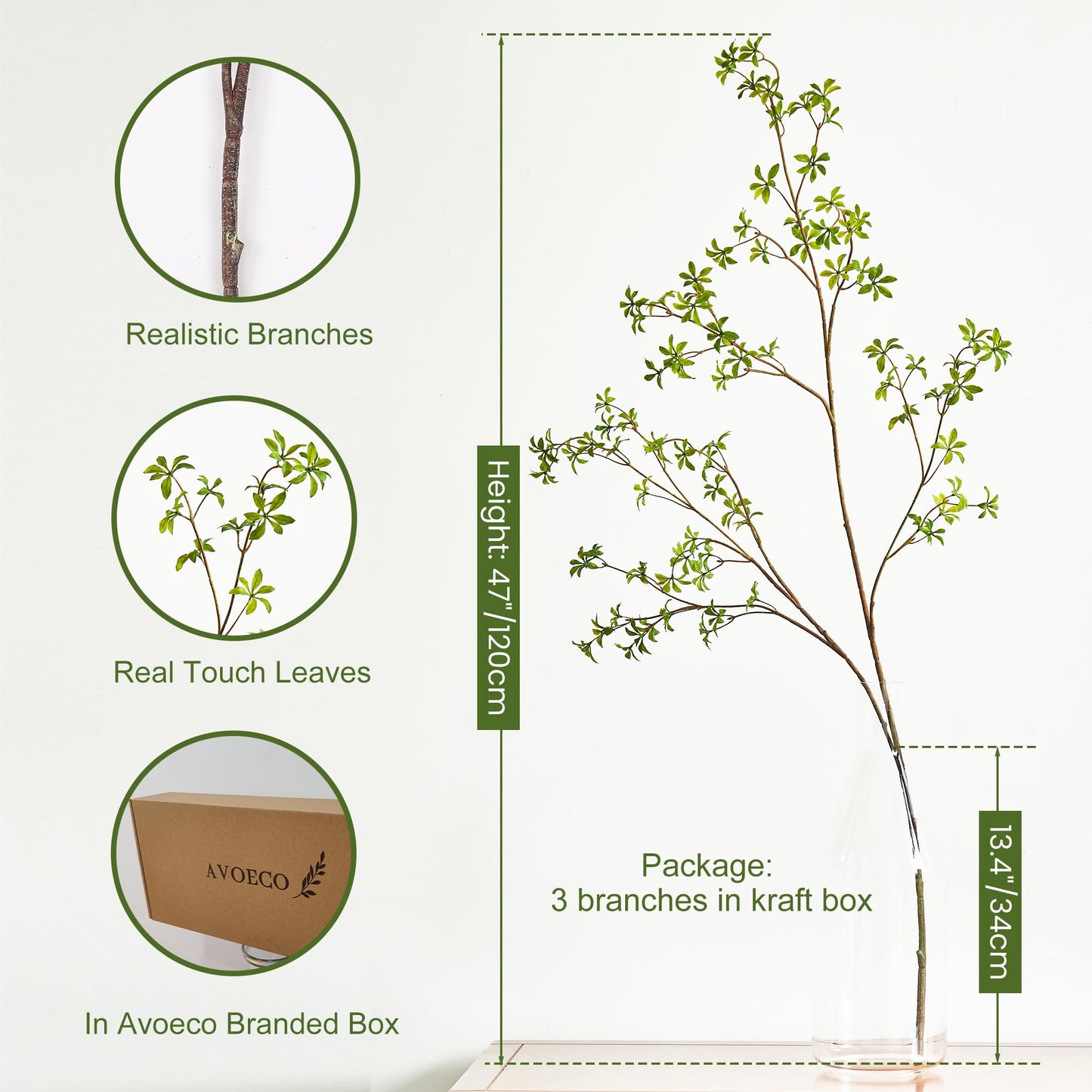 Avoeco Artificial Greenery Stems, 47”Tall Fake Plants Branches, Real Touch Faux Enkianthus Perulatus Twig Leaf for Home Garden Office Wedding Vase Filler Shop Decoration (3 Packs-Green)