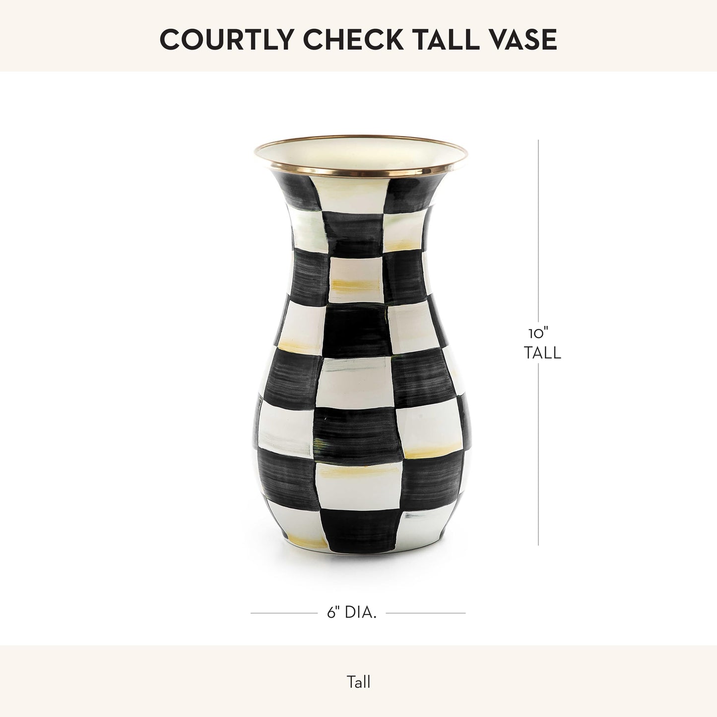 MACKENZIE-CHILDS Tall Enamel Vase, Unique Flower Vase, Decorative Table Decor for Living Room, Black-and-White Courtly Check