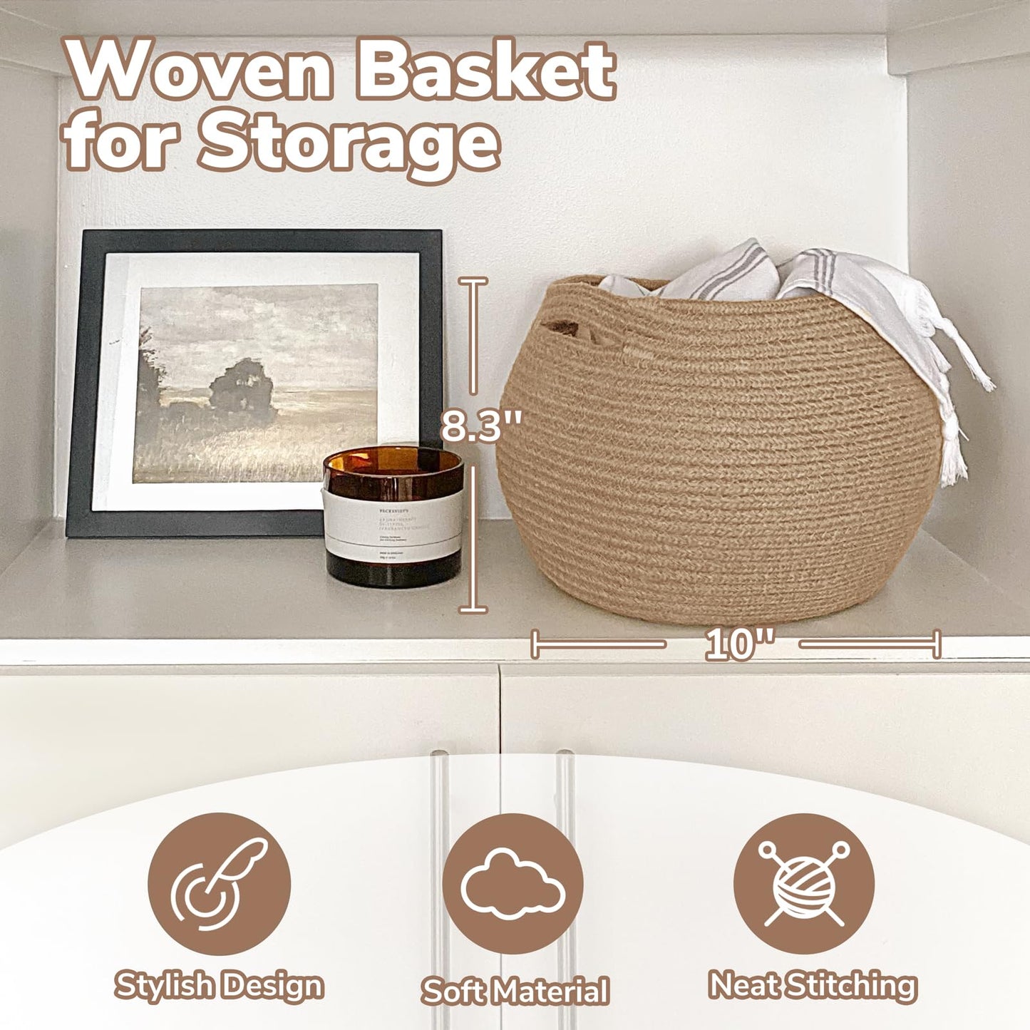 Goodpick Wicker Storage Basket for Living Room, Small Round Woven Basket for Toys, Towel, Bedroom, Children Corner Decoration Plant Baskets Indoor, Jute, 10"D x 8.3"H