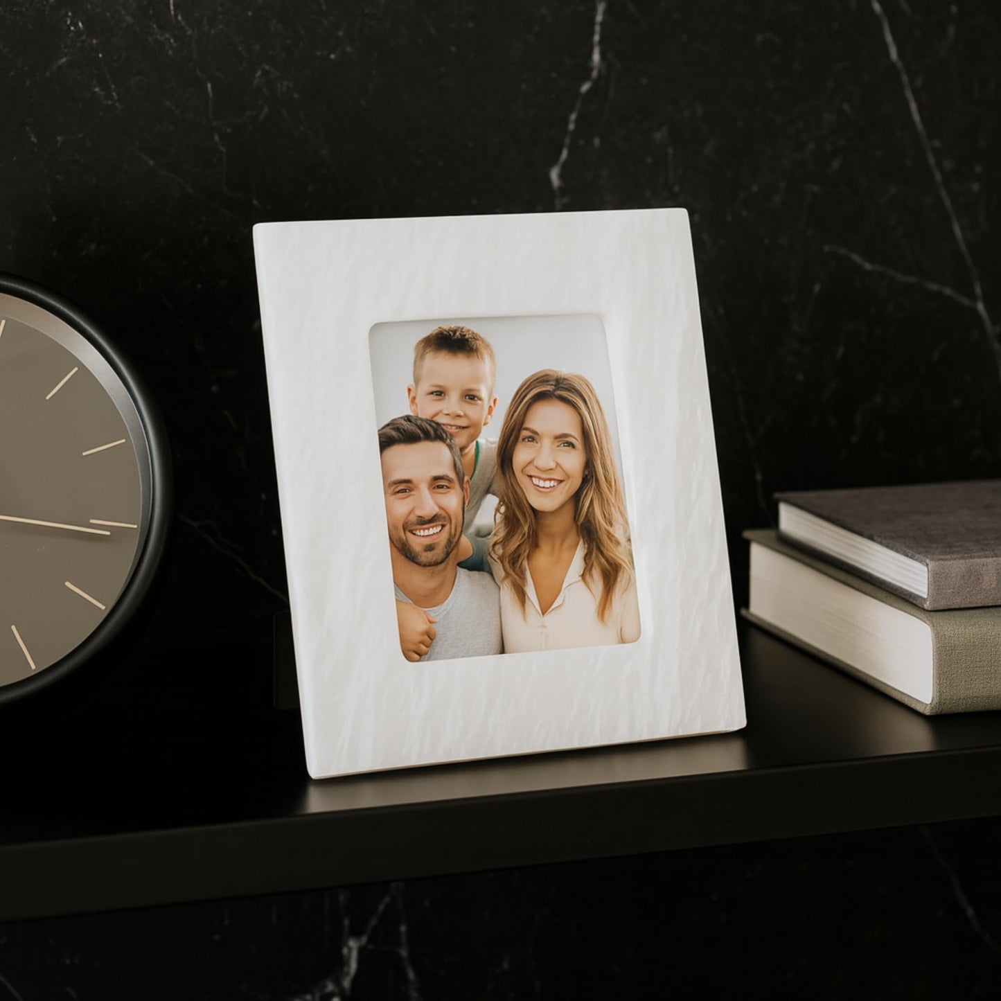 Bey-Berk White Marble Photo Frame 4" x 6" – Decorative Picture Holder for Tabletop, Desk, Shelf & Home Decor Display