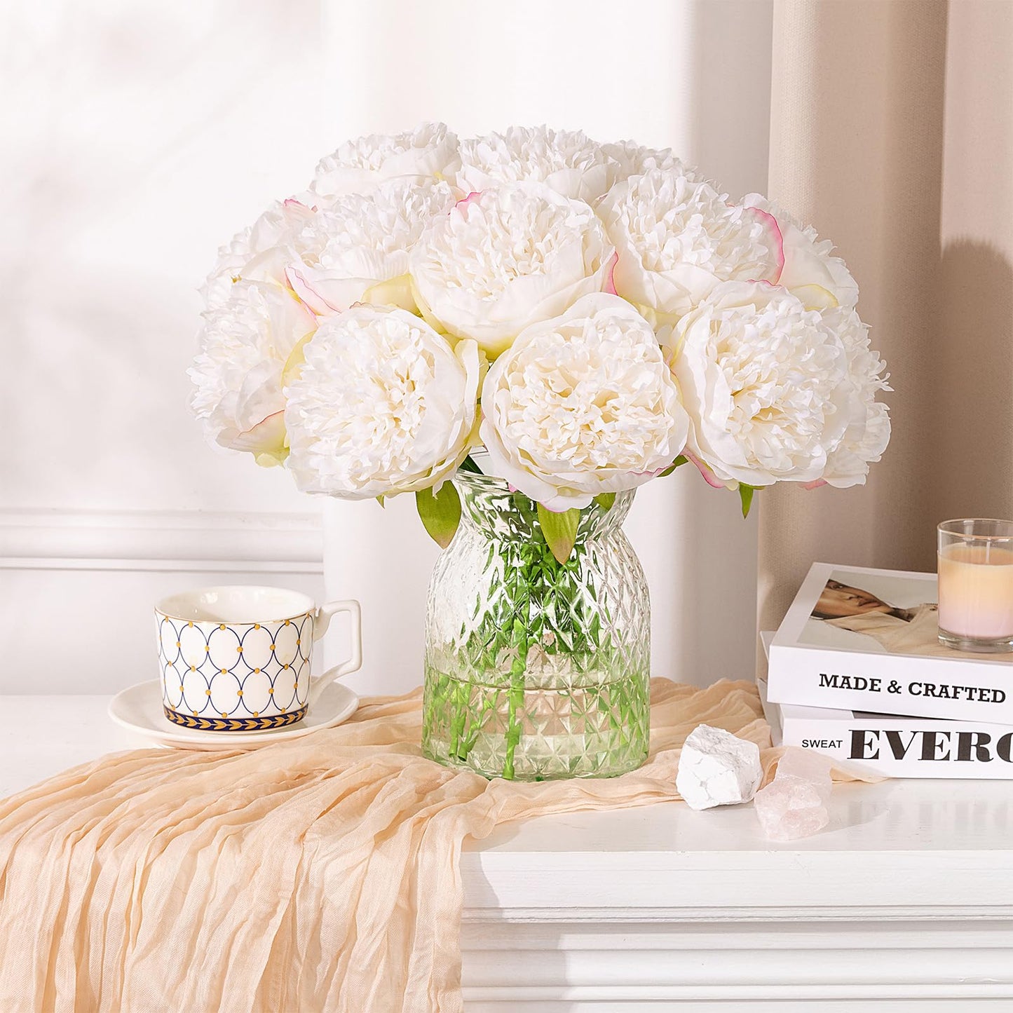 U'Artlines 2 Bouquet 10 Heads Artificial Peony Silk Flower Leaf Home Office Wedding Party Festival Bar Decor (Cream White)