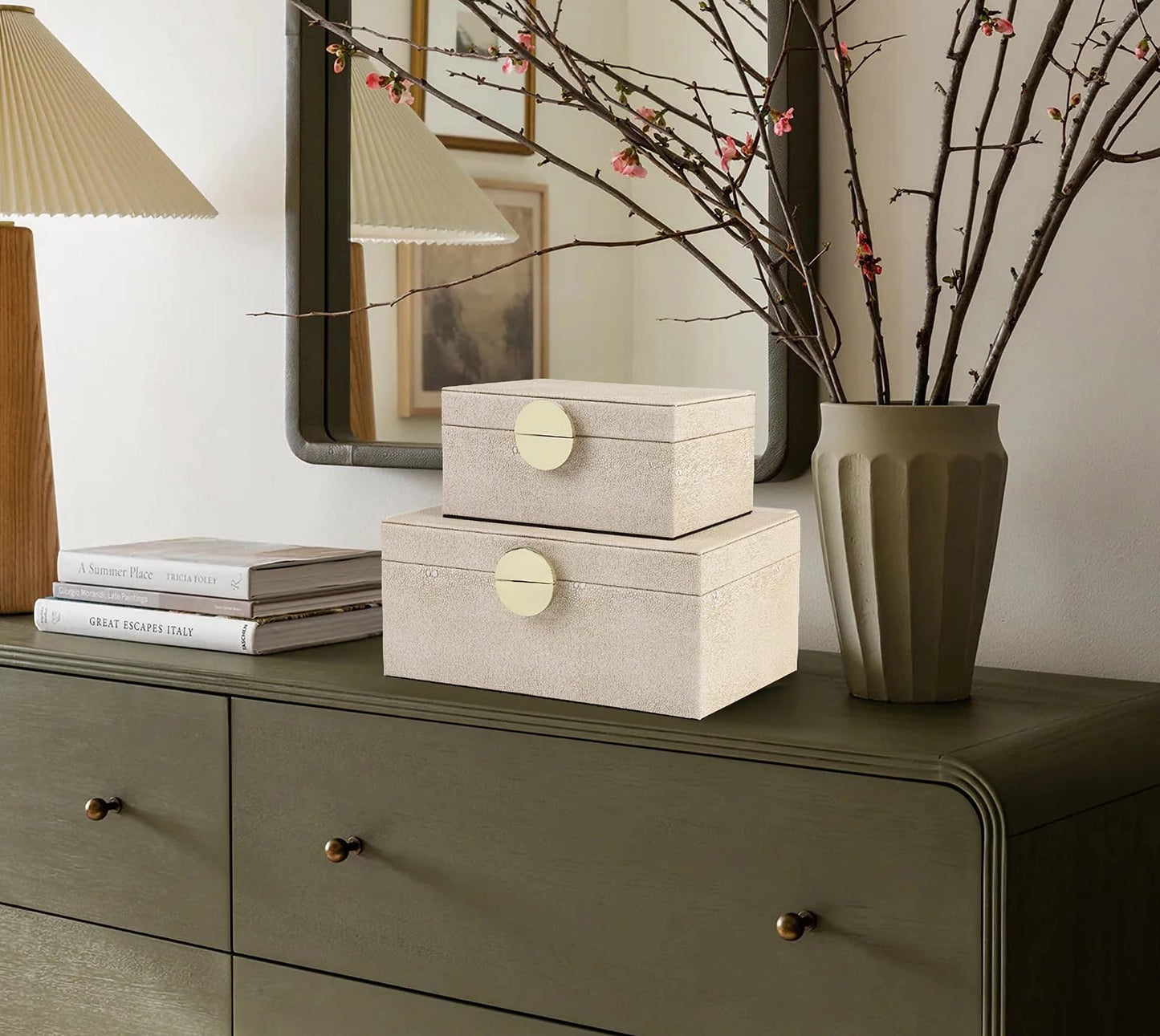 HofferRuffer Faux Leather Jewelry Boxes, Decorative Boxes Storage Accessory Organizer with Gold Hardware Decor, Classic Vegan Leather Set of 2 Pieces (Light Grey)