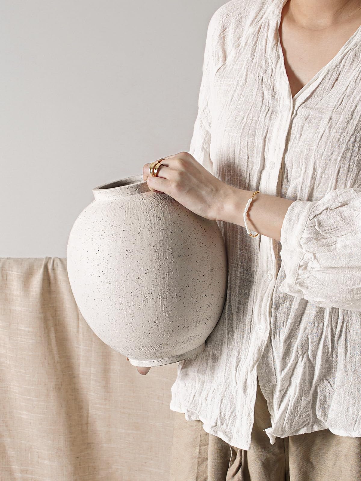 Large White Ceramic Vase - 9.8 Inch Rustic Farmhouse Vase for Home Decor, Minimalist Tall Vases for Living Room, Table, Bathroom, Holiday & Weddings (Sandstone White)