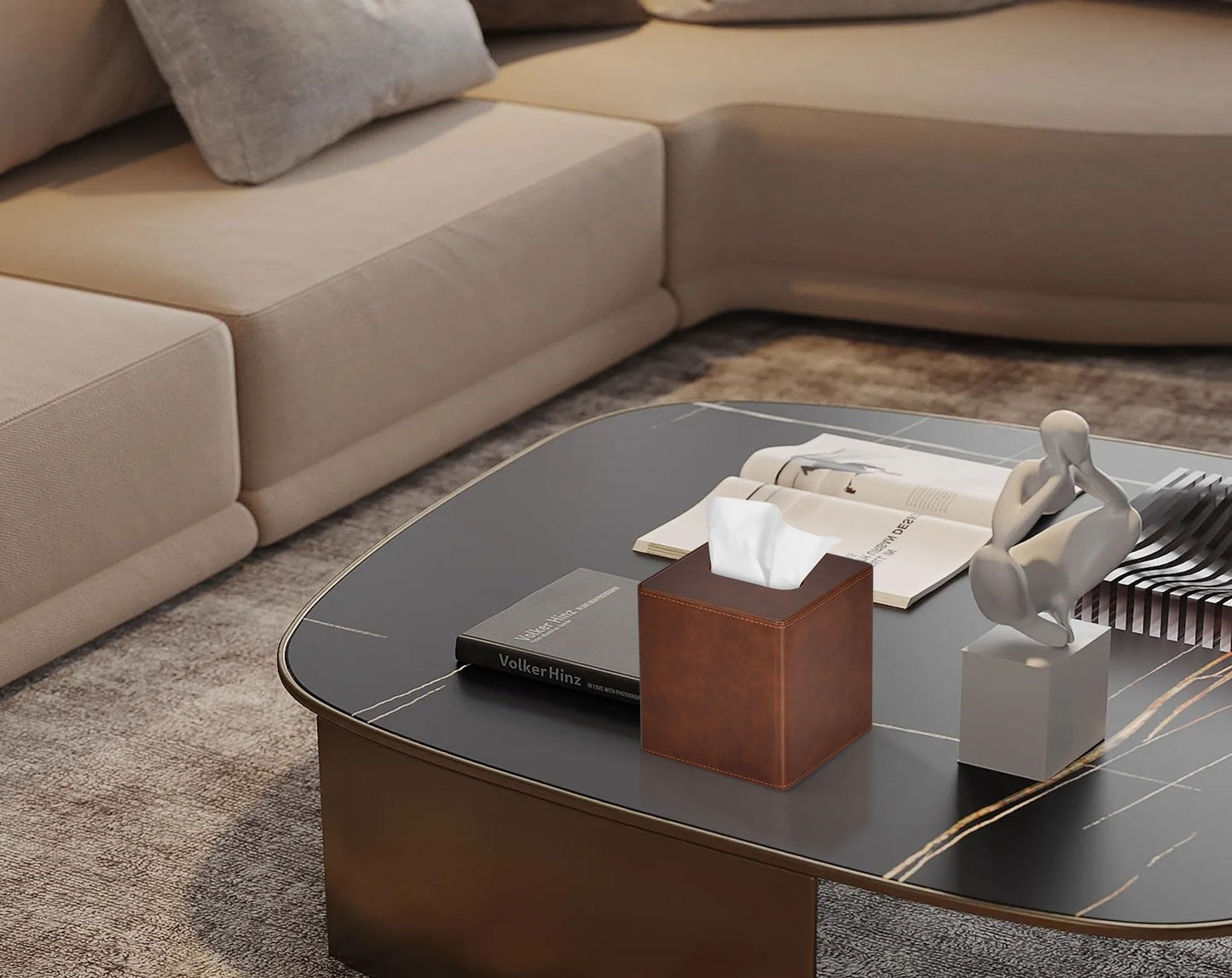 GOLRANLYE Tissue Box Cover Square PU Leather Facial Tissue Box Holder for Dresser Bathroom Decor (Brown)