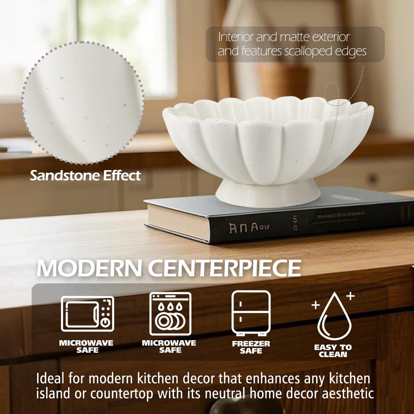 Accessoryway 8" White Fluted Scalloped Decorative Bowls -Moderate Ceramic Fruit Bowl for Kitchen Counter, Elegant Wavy Edge Centerpiece Bowls for Home Decor, Perfect for Housewarming &Wedding Gift