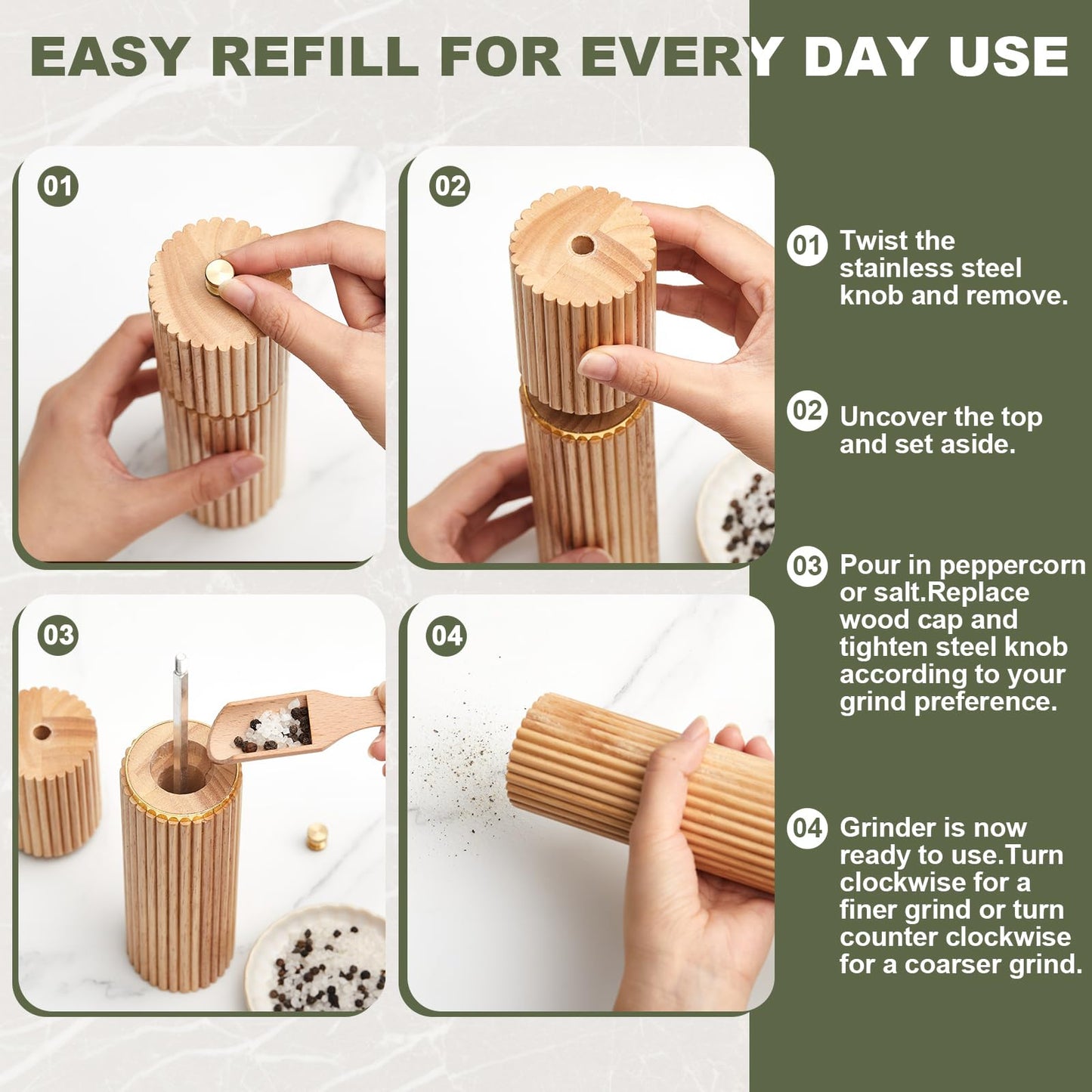 LOYIM Wooden Salt and Pepper Grinder Set 8" Refillable Wooden Manual Salt and Pepper Mill Set with Adjustable Coarse Settings Rust Resistant Smooth and Quality Grinding Mechanism (Wood)