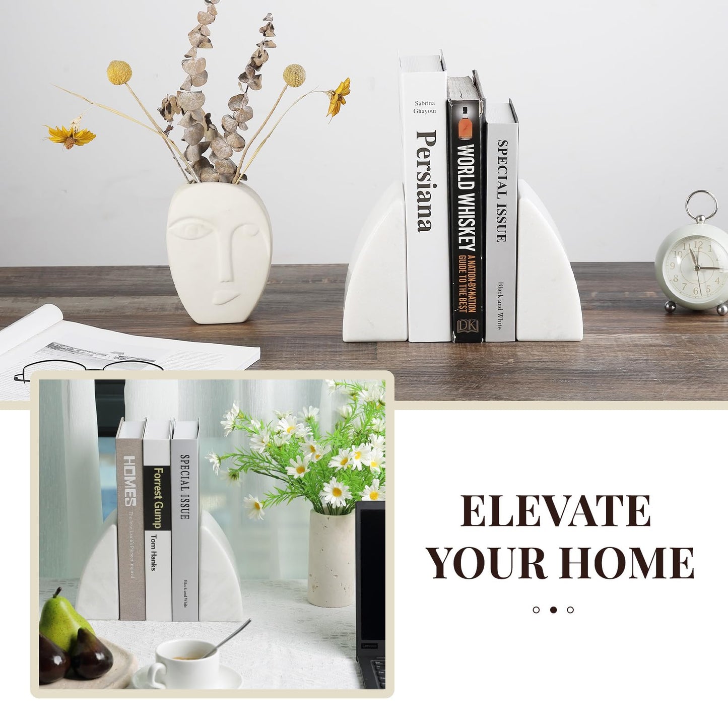 Koville Marble Bookends for Shelves, Large Bookends for Heavy Books, Natural Stone Book Stopper for Books CD Movies, Aesthetic Decorative Book Ends (White)