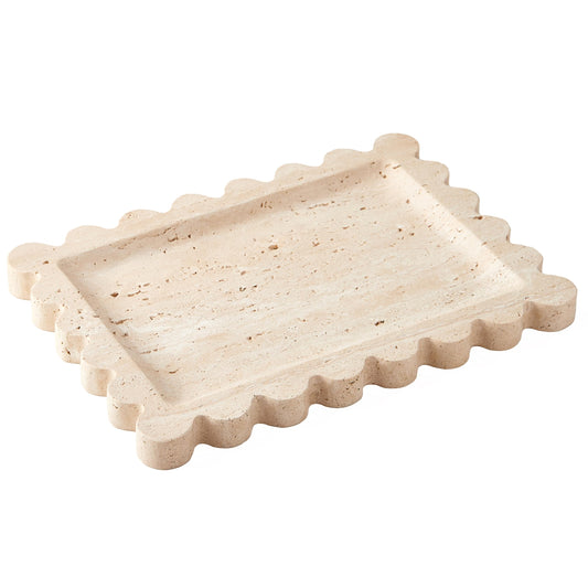 Denique Natural Travertine Tray with Scalloped Edge, 10.8x8 Rectangle Vanity Tray for Bathroom Kitchen Countertop, Beige Decorative Stone Storage Tray for Dresser Home Decor