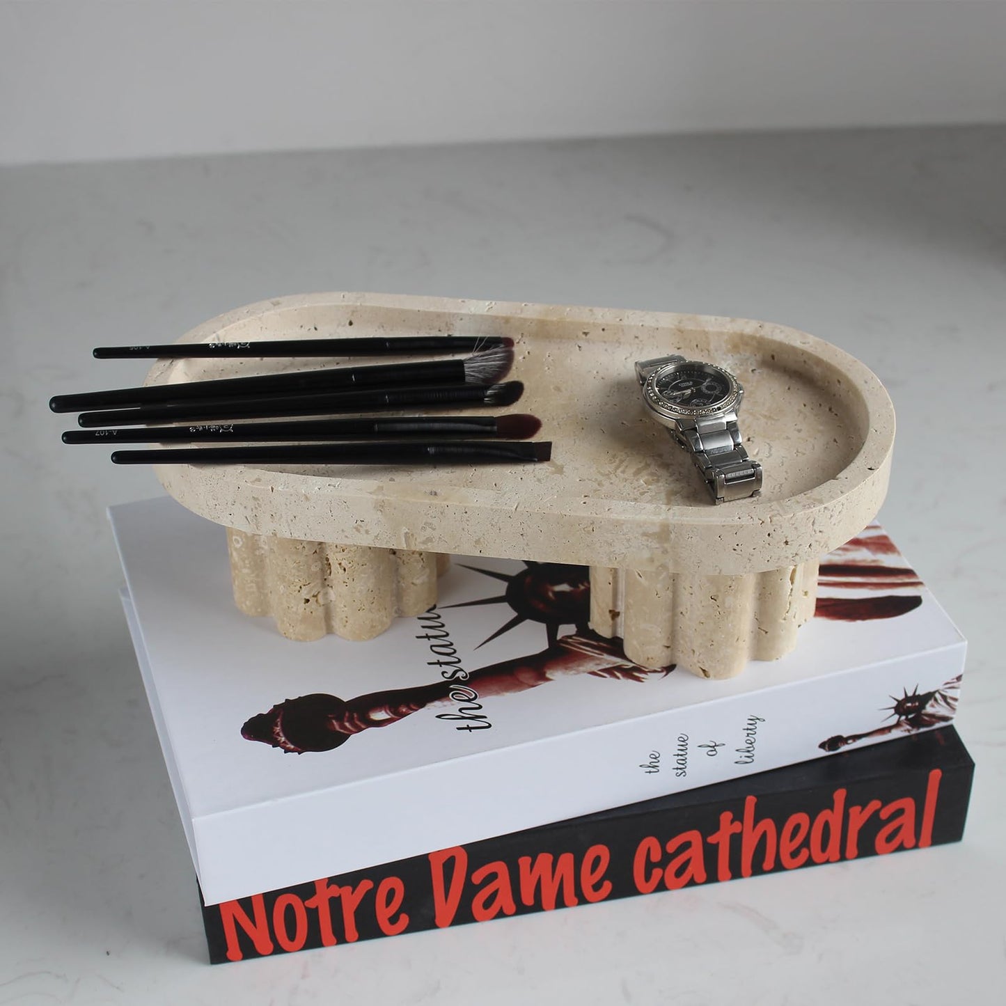 Natural Travertine Oval Tray with 2 Legs, 10" Vanity Decorative Tray for Countertop Organizer, Catchall Tray for Perfume, Candles, Jewelry Dish