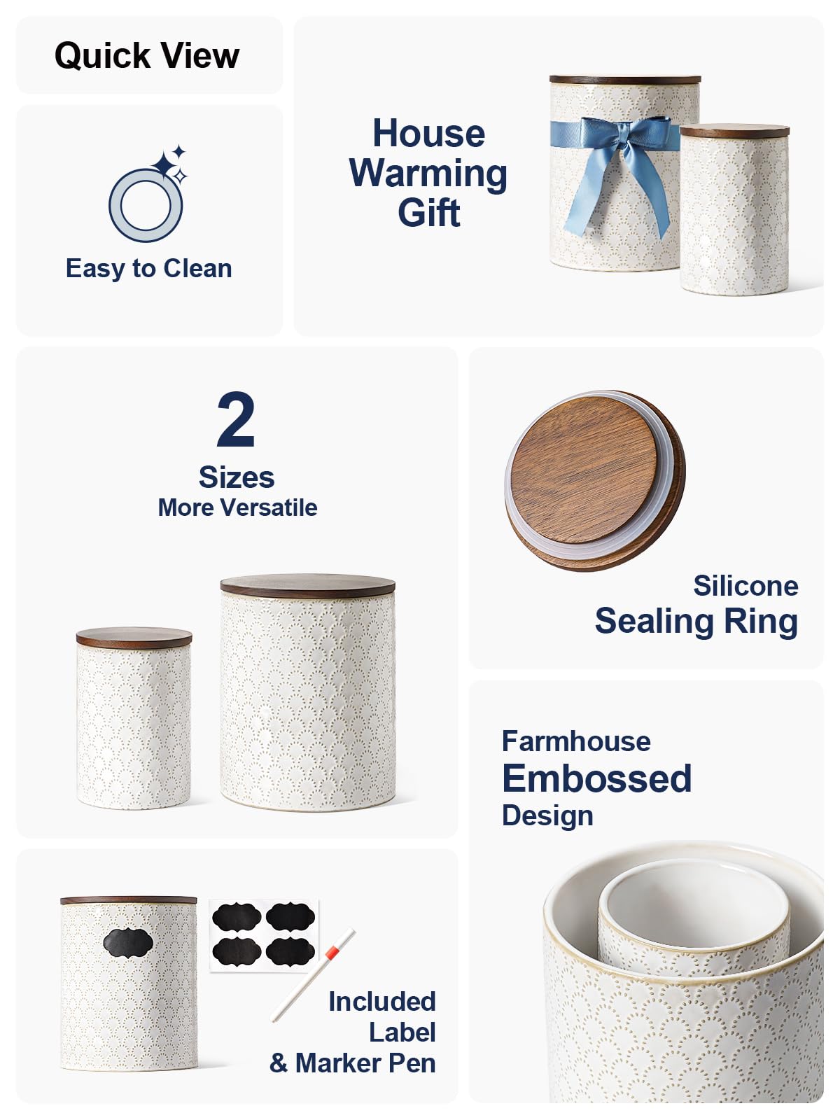 LE TAUCI Food Storage Containers with Airtight Lids, 78/25 oz Ceramic Sugar Canisters Sets, Embossed Large Jars for Pasta, Oats, Coffee Bean, Cookies, Rice, Grains, Tea - Set of 2, Fireworks