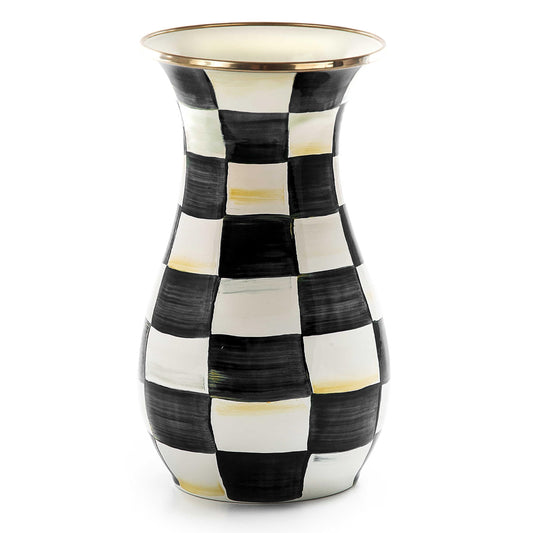 MACKENZIE-CHILDS Tall Enamel Vase, Unique Flower Vase, Decorative Table Decor for Living Room, Black-and-White Courtly Check