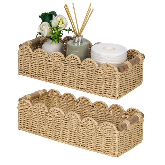 CubesLand Scalloped Decor Basket for Living Room, Home, Bathroom, 2SAME SIZE Paper Rope Basket, Toilet Storage Baskets for Over Toilet Storage Shelf, Cute Woven Basket Both Storage&Decor, Beige