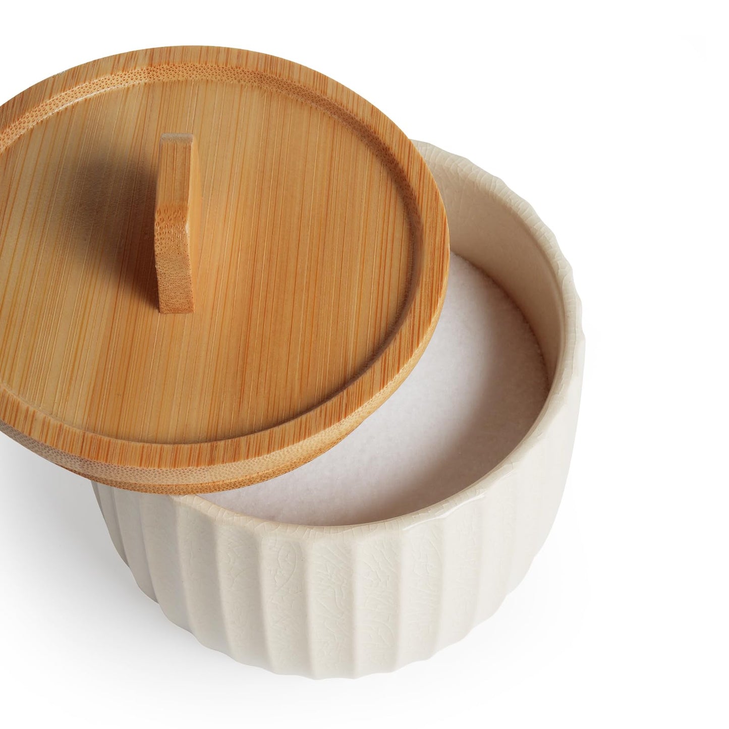 Lunavita Salt Cellar Keeper with Bamboo Lid, 14oz Big Capacity Ceramic Sugar Bowls Pepper Box, Crackle Glaze Seasoning Container Condiment Pot for Kitchen, (Cream Color), 4″×4″