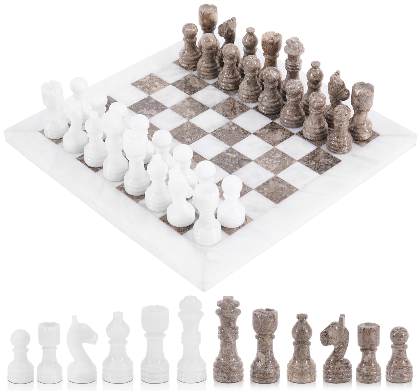 Radicaln Marble Chess Set 12" Inches White and Grey Oceanic Handmade Luxury Board Game for Adults, Classic Stone Chess Board & Pieces, Premium Family Game Night Gift for Home Decor