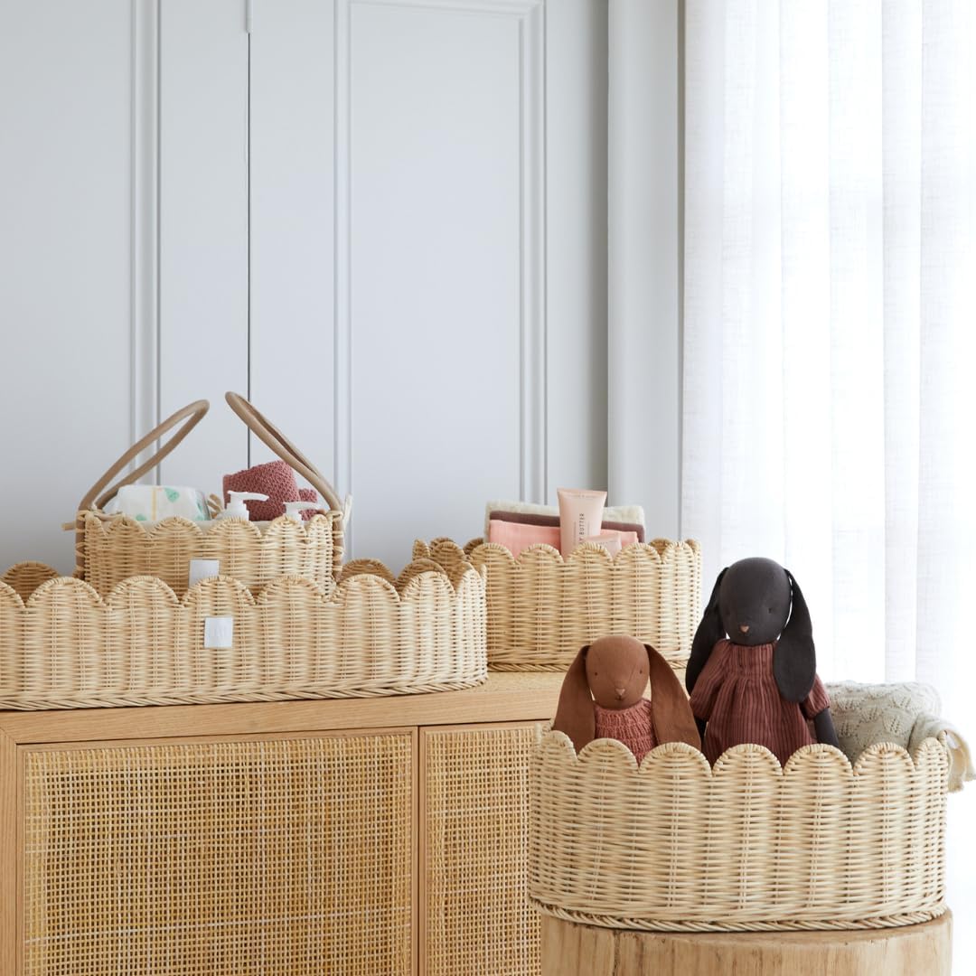 BEBE BASK Premium Scalloped Basket Set Of 2 - Scallop Basket - 16 x 10 x 7 Inch - Hand-Woven Elegant Wicker With Scalloped Edge - Nursery Storage (Natural)