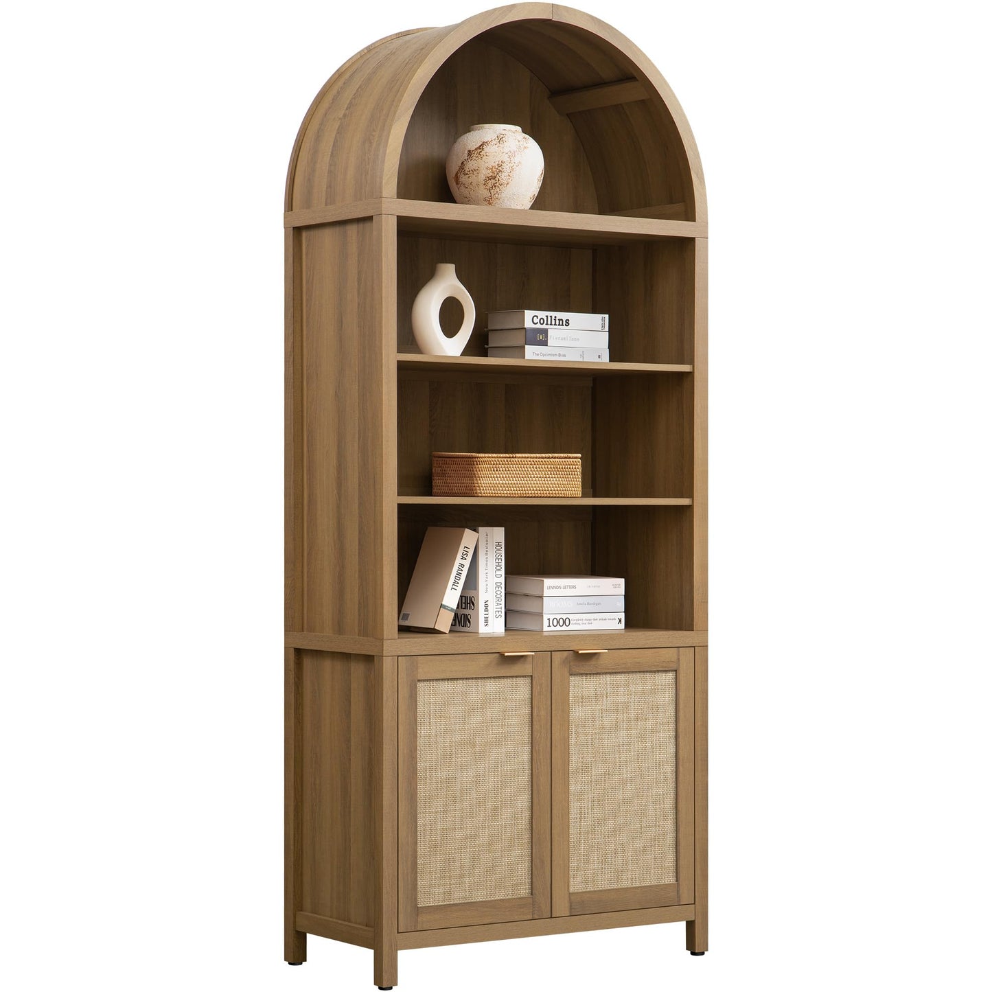 SICOTAS Book Shelf Arched Cabinet Bookshelf Arch 84.2" Tall Bookcase 5 Tier Large Bookshelves with Doors Storage Rattan Boho Wide Book Shelves Case for Living Room Kitchen Office Bedroom Library