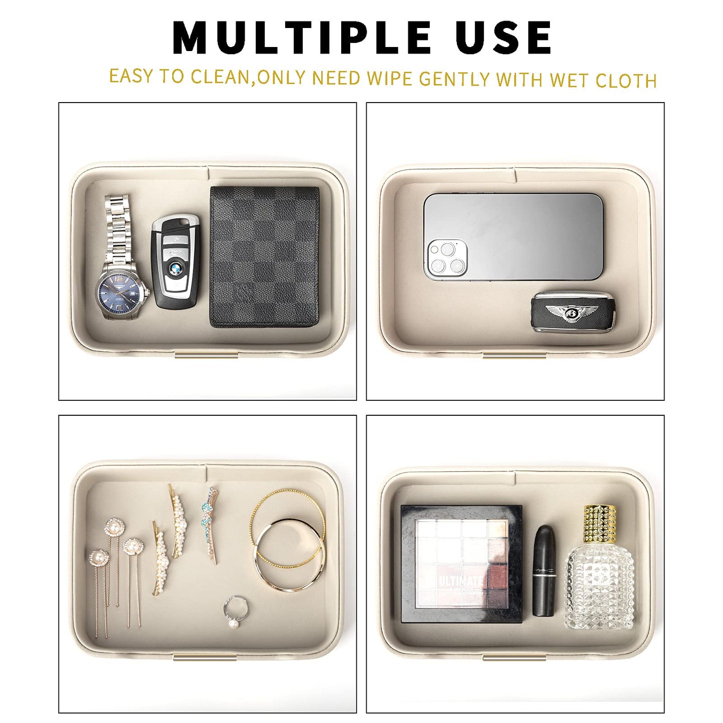 SANZIE Luxury Leather Tray Desktop Storage Catchall Organizer Decorative Tray for Entryway Table to Hold Jewelry Watch Keys Phone Wallet (Metal Glided, Grey)