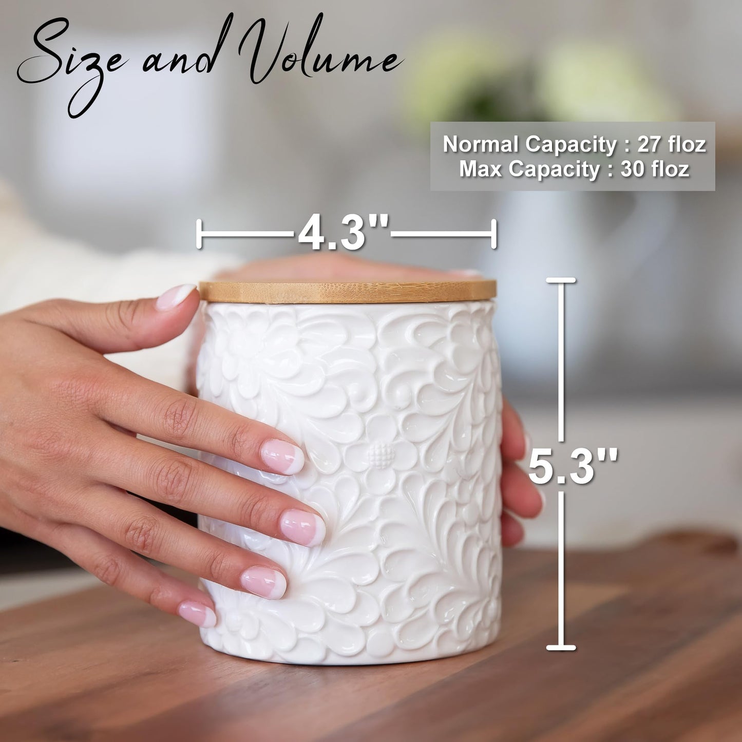 Small Engraved Ceramic Kitchen Canister - Storage Jars with Airtight Lids Made from Bamboo with Nature-Inspired Engraving - Use as a Pasta Holder, Coffee Ground Holder, Rice Container - 30 Ounces