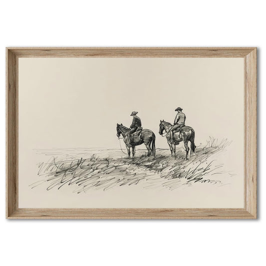 Vintage Cowboys on Horses Sketch Canvas Print Neutral Western Wall Art Farmhouse Wall Decor Rustic Country Art Poster Trendy Eclectic Vintage Artwork Prints for Living Room Dorm Office Decor, Unframed
