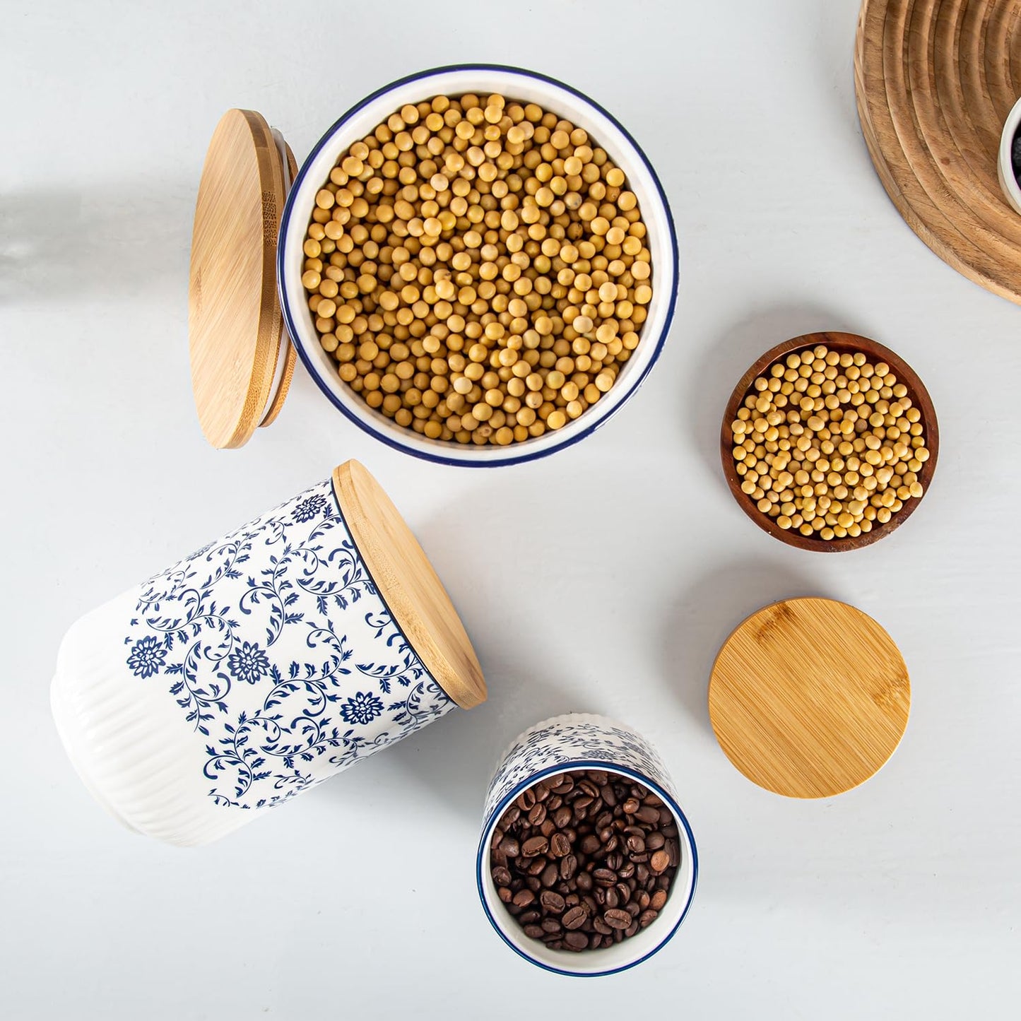 Cerkik Canisters Sets for Kitchen - Ceramic Kitchen Containers for Countertop with Airtight Wood Lids - Flour and Sugar Containers for Coffee Tea Spice Beans Cookie Jars - Blue Set of 3