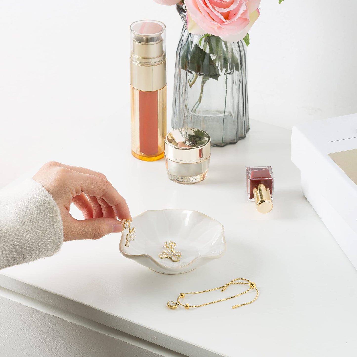 Jewelry Dish Tray, Ring Dish, Ceramic Trinket Tray, Key Bowl, Decorative Plate, for Friends Sisters Daughter Mother (Milky White)